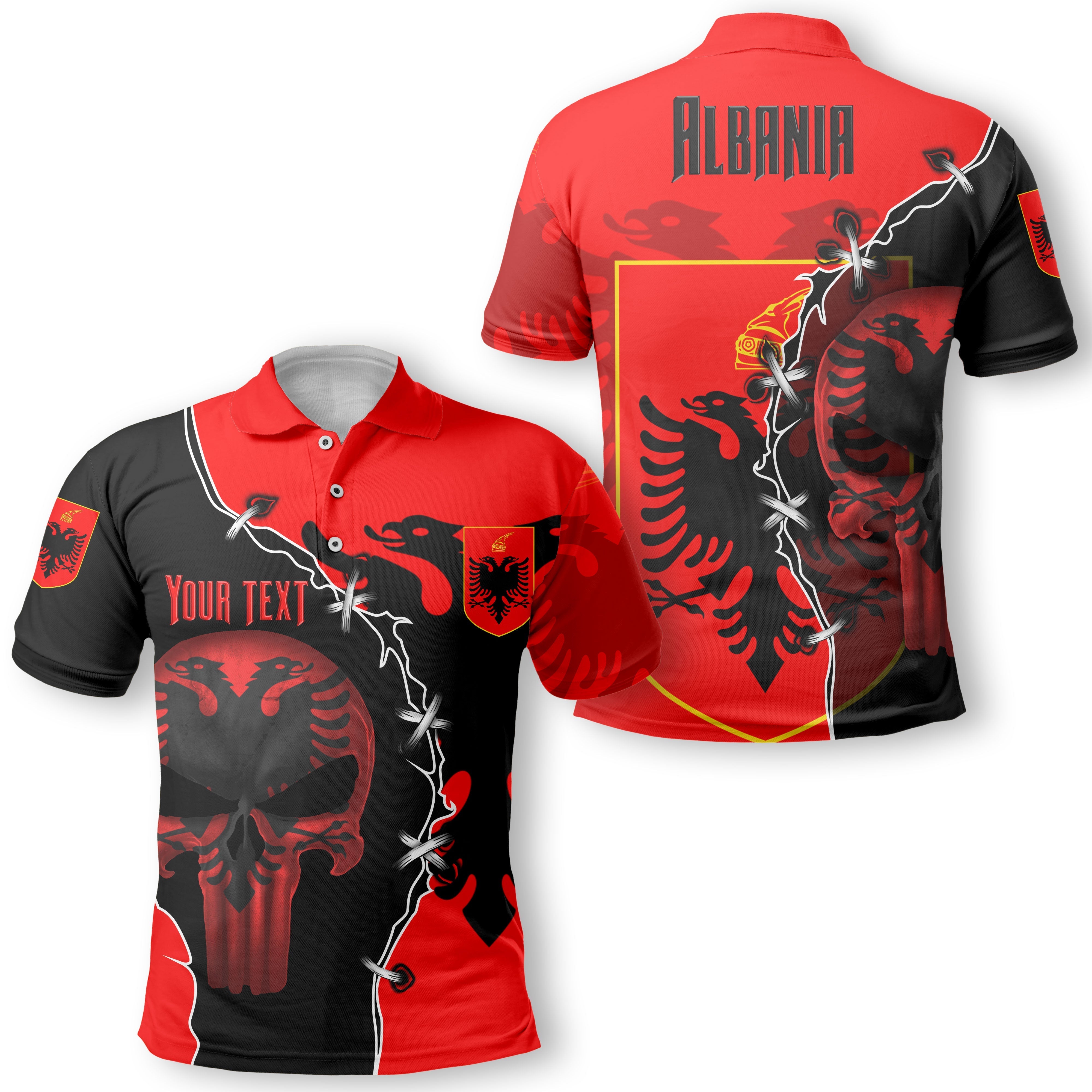 Albania Polo Shirt Flag & Coat Of Arms Skull Style