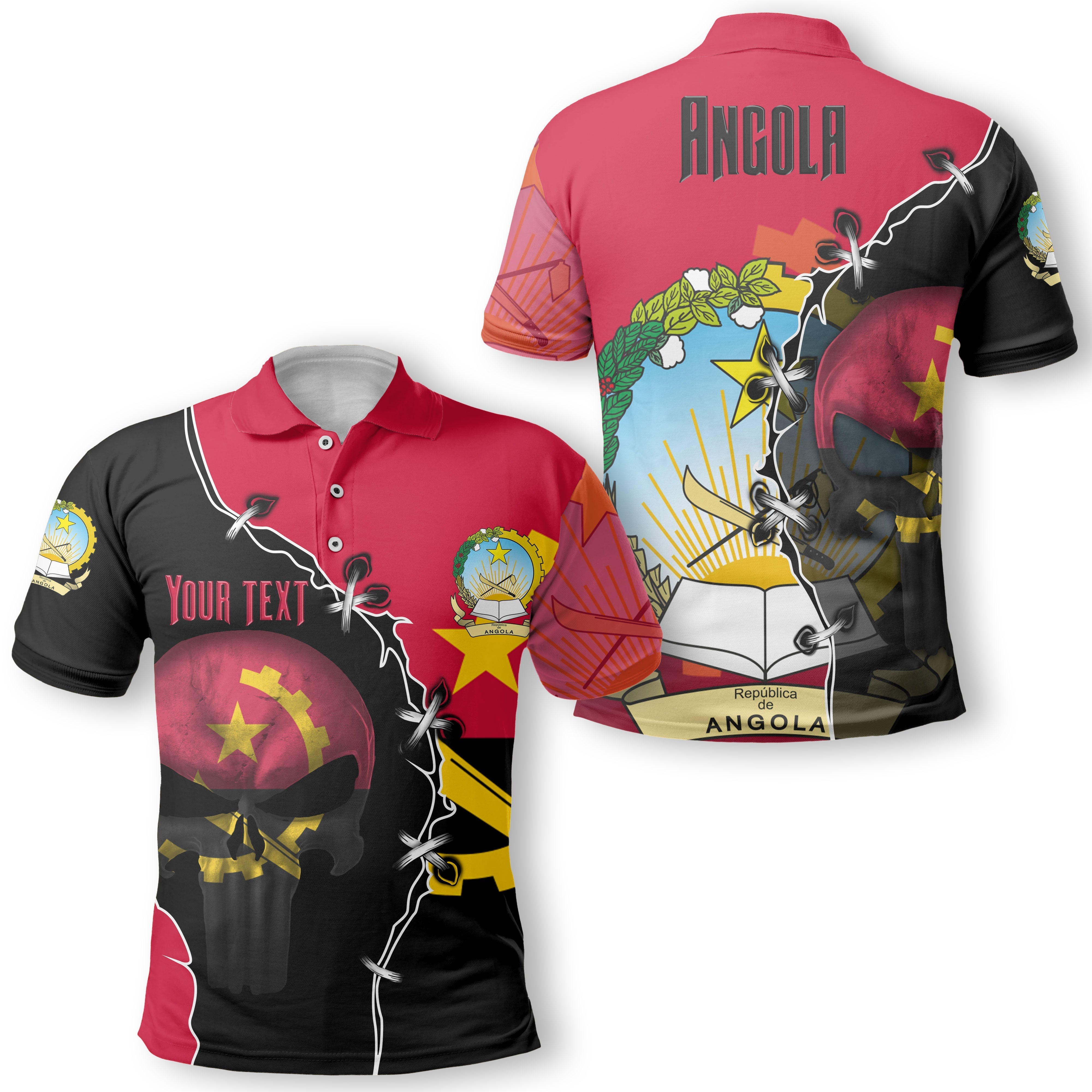 Angola Polo Shirt Flag & Coat Of Arms Skull Style