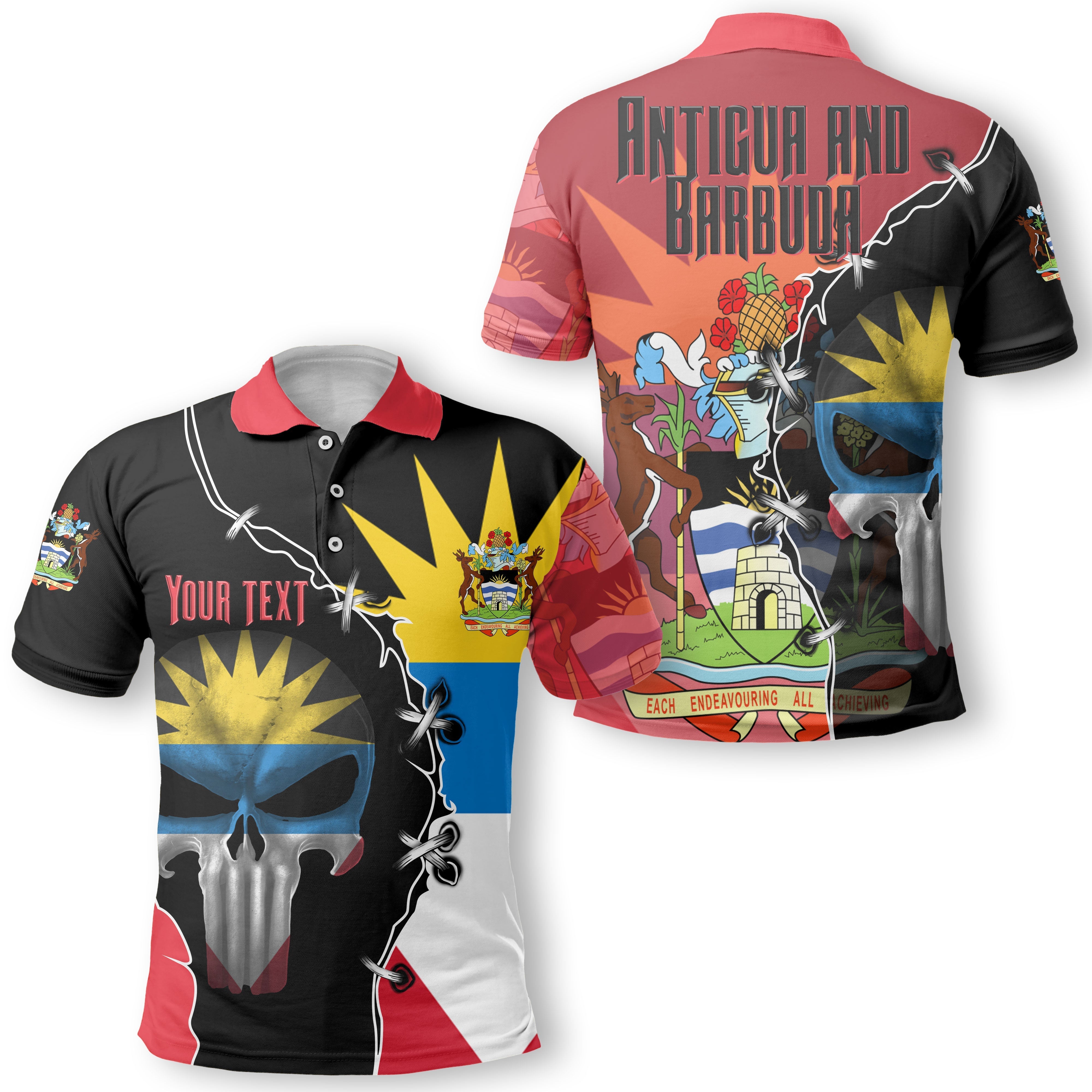 Antigua and Barbuda Polo Shirt Flag & Coat Of Arms Skull Style