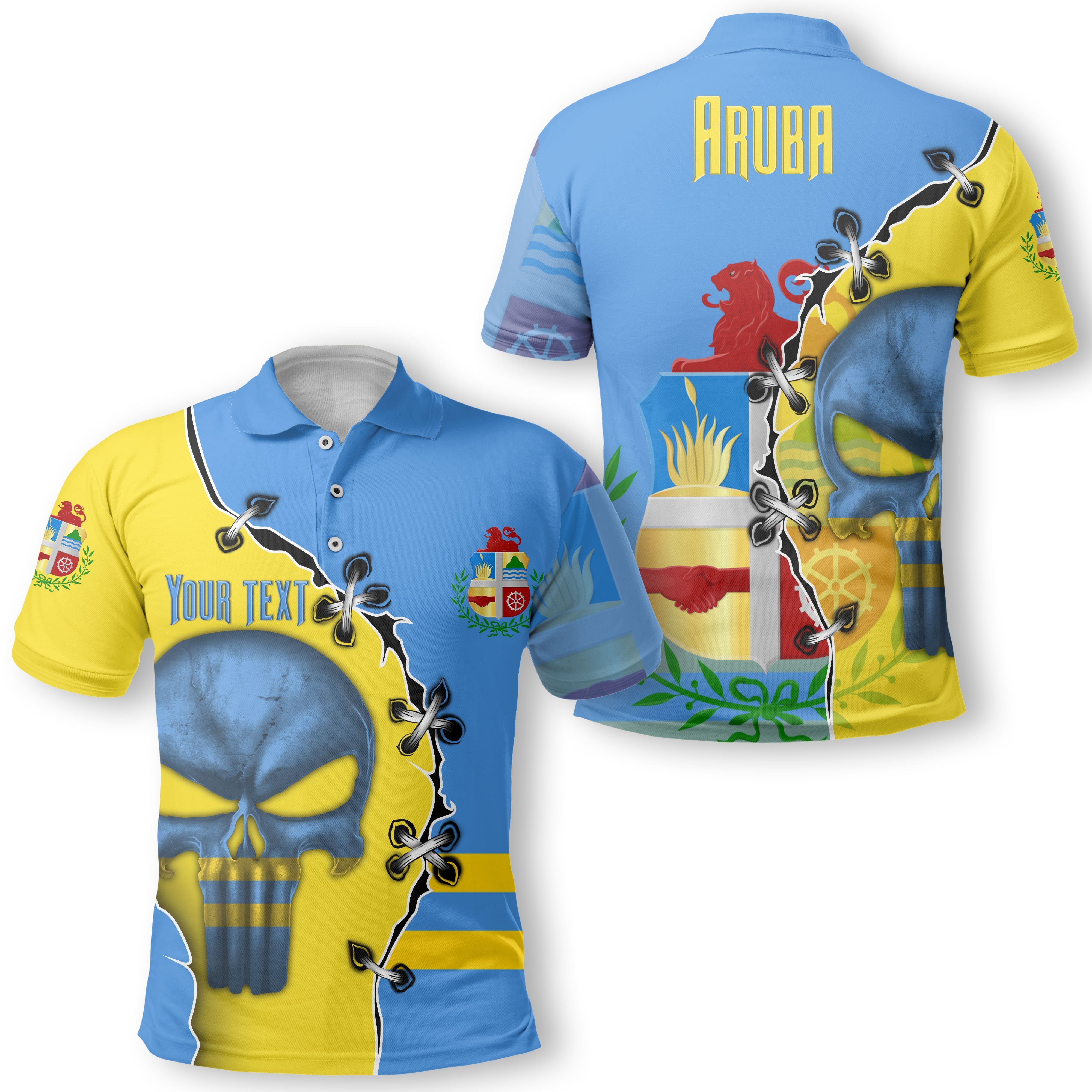 Aruba Polo Shirt Flag & Coat Of Arms Skull Style