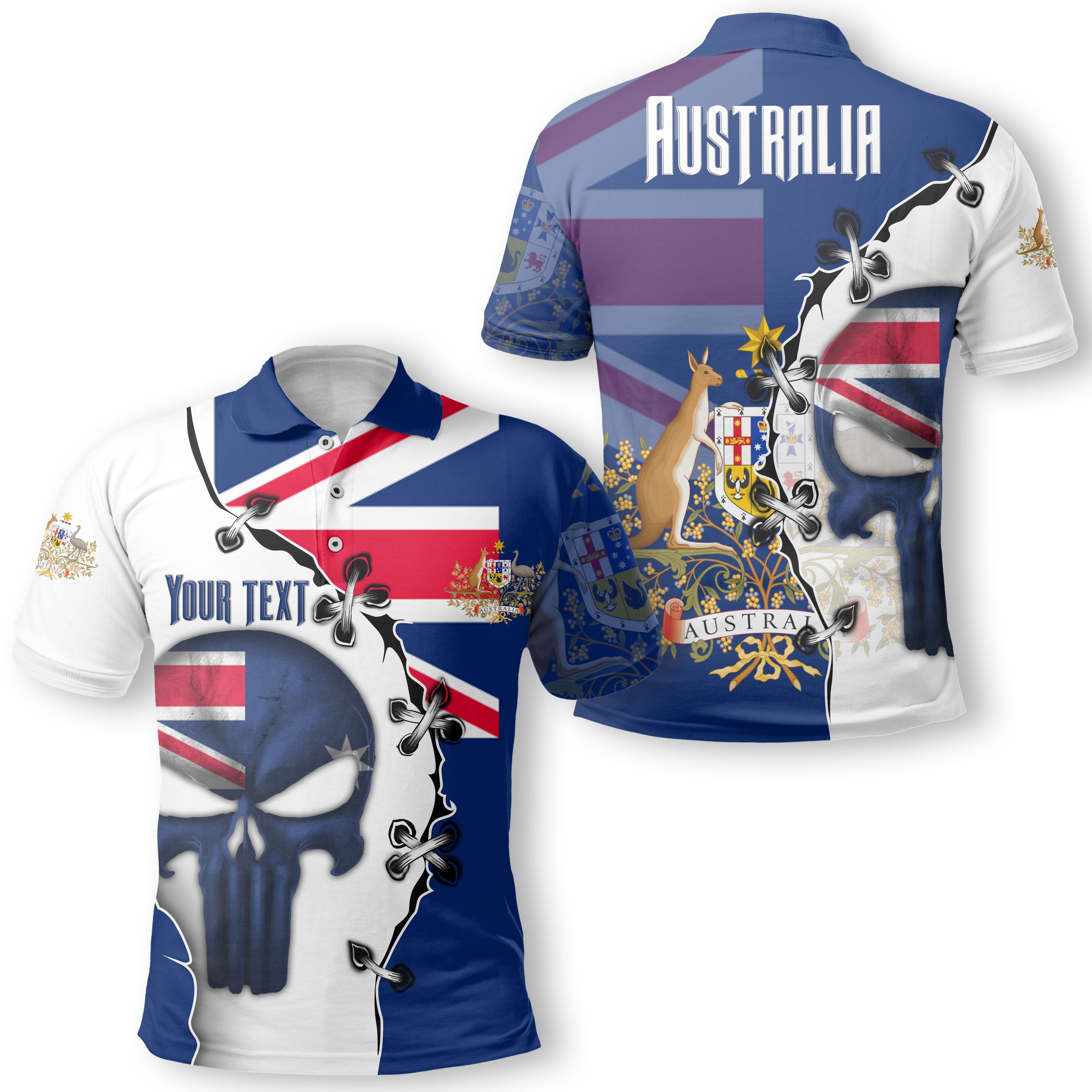 Australia Polo Shirt Flag & Coat Of Arms Skull Style