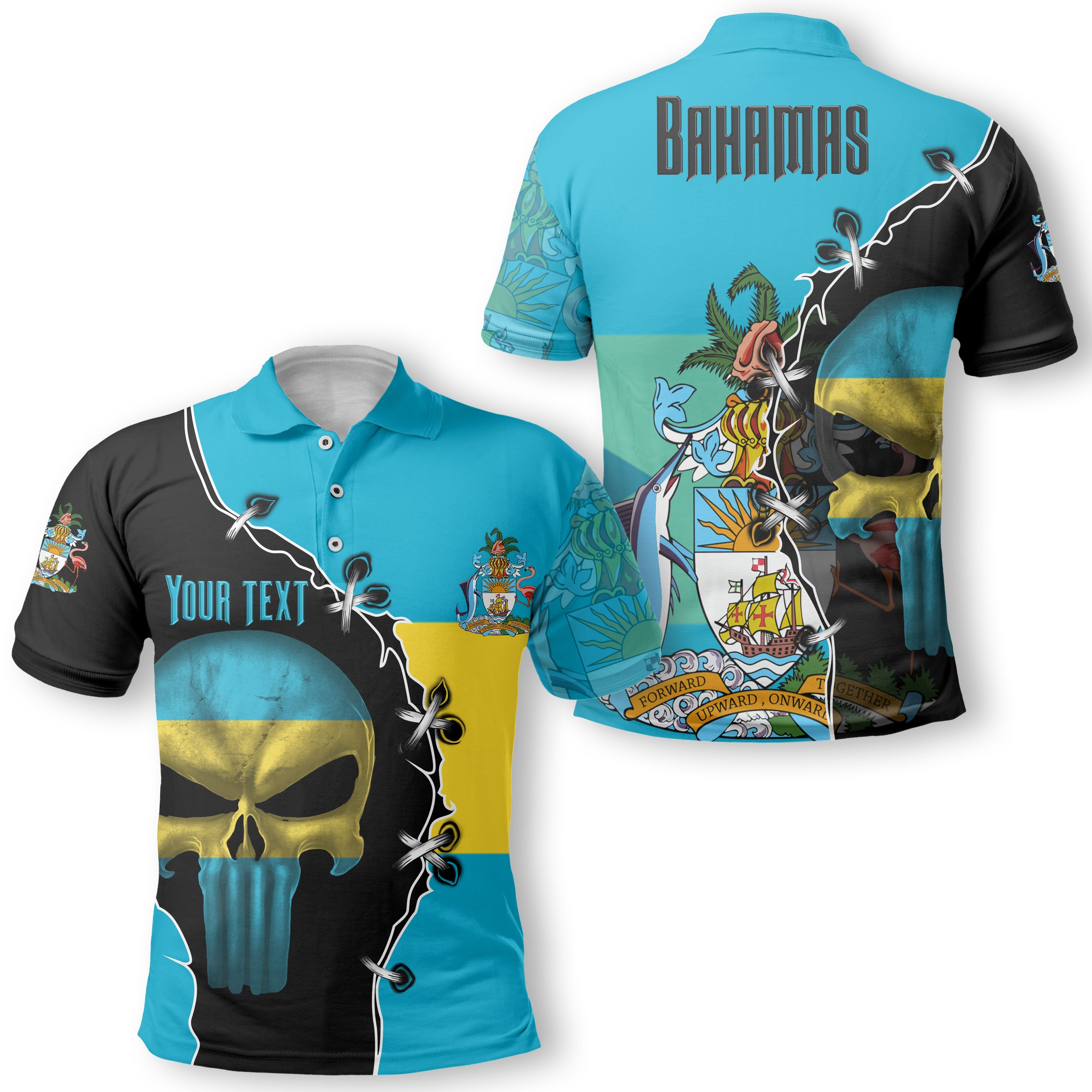 Bahamas Polo Shirt Flag & Coat Of Arms Skull Style