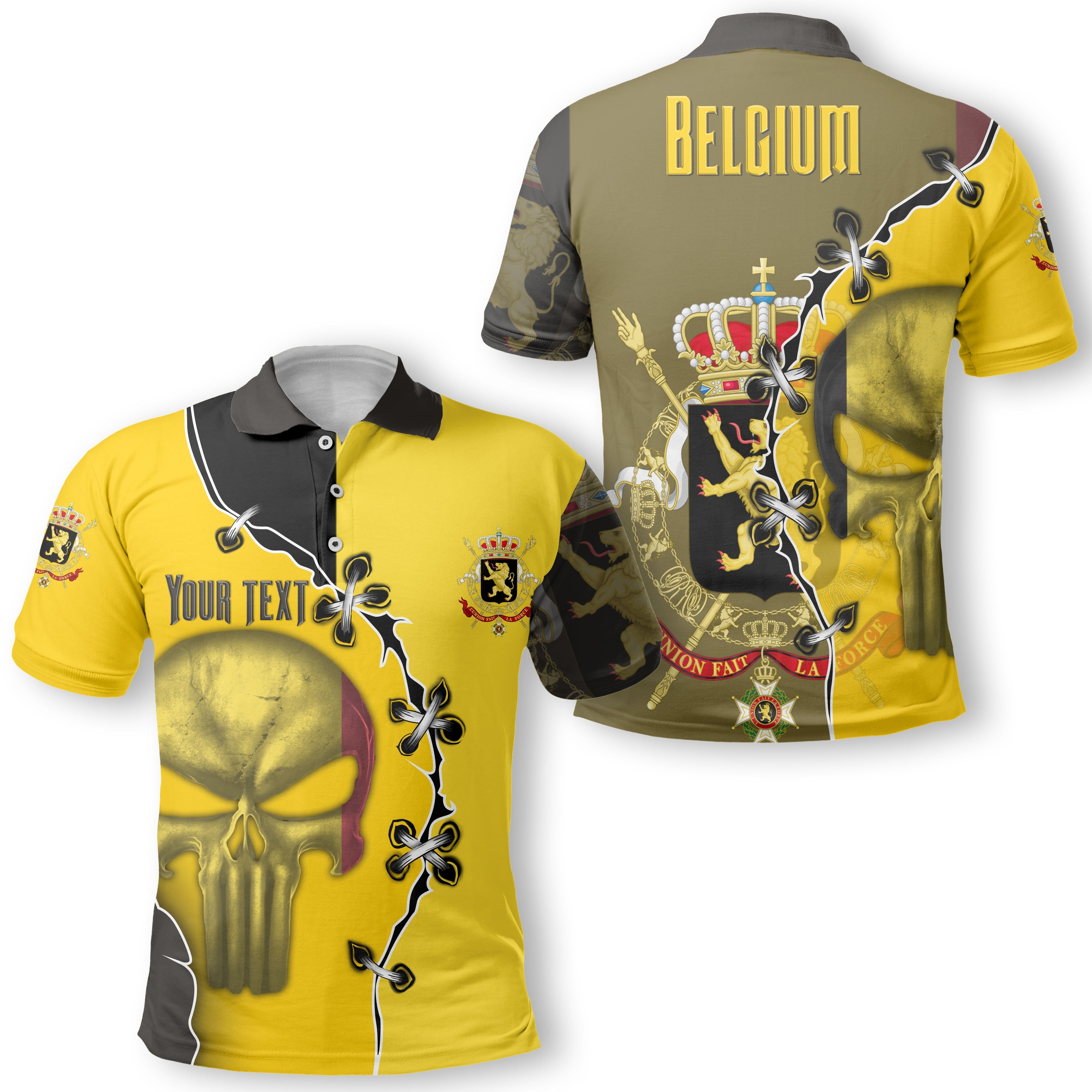 Belgium Polo Shirt Flag & Coat Of Arms Skull Style