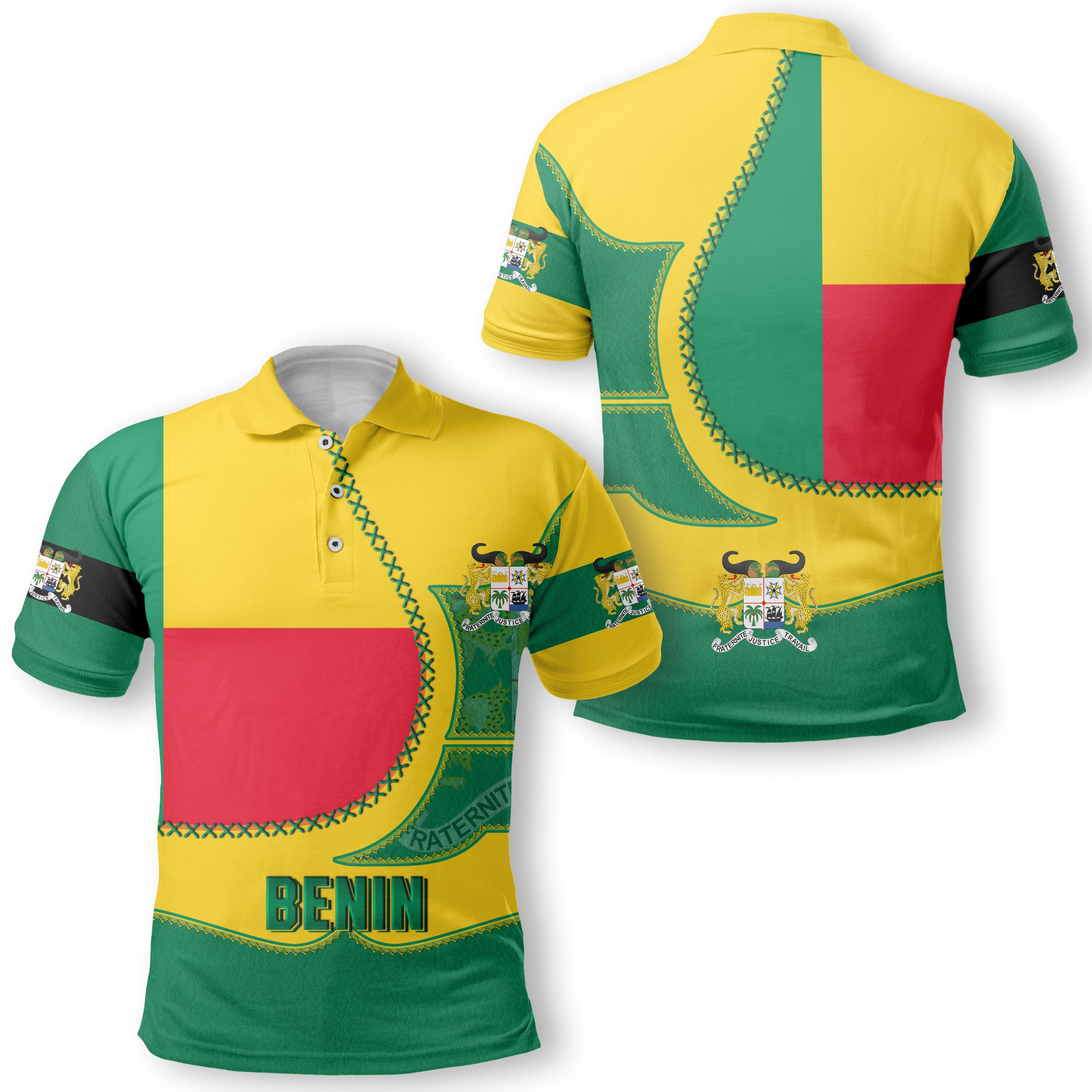 Benin Polo Shirt Flag & Coat Of Arms Leather Style