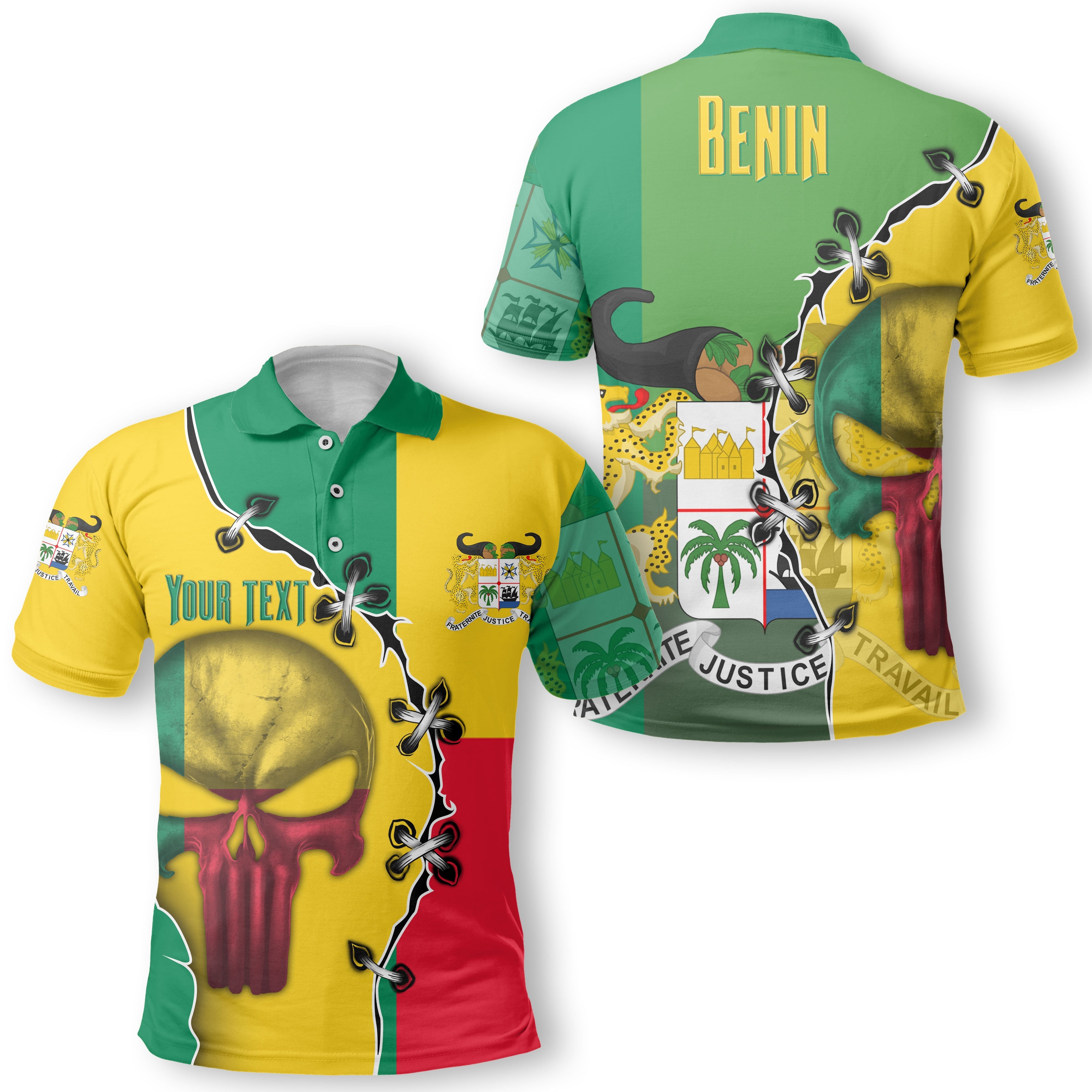 Benin Polo Shirt Flag & Coat Of Arms Skull Style