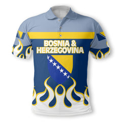 Bosnia and Herzegovina Polo Shirt Flag & Coat Of Arms Fire Hockey Style