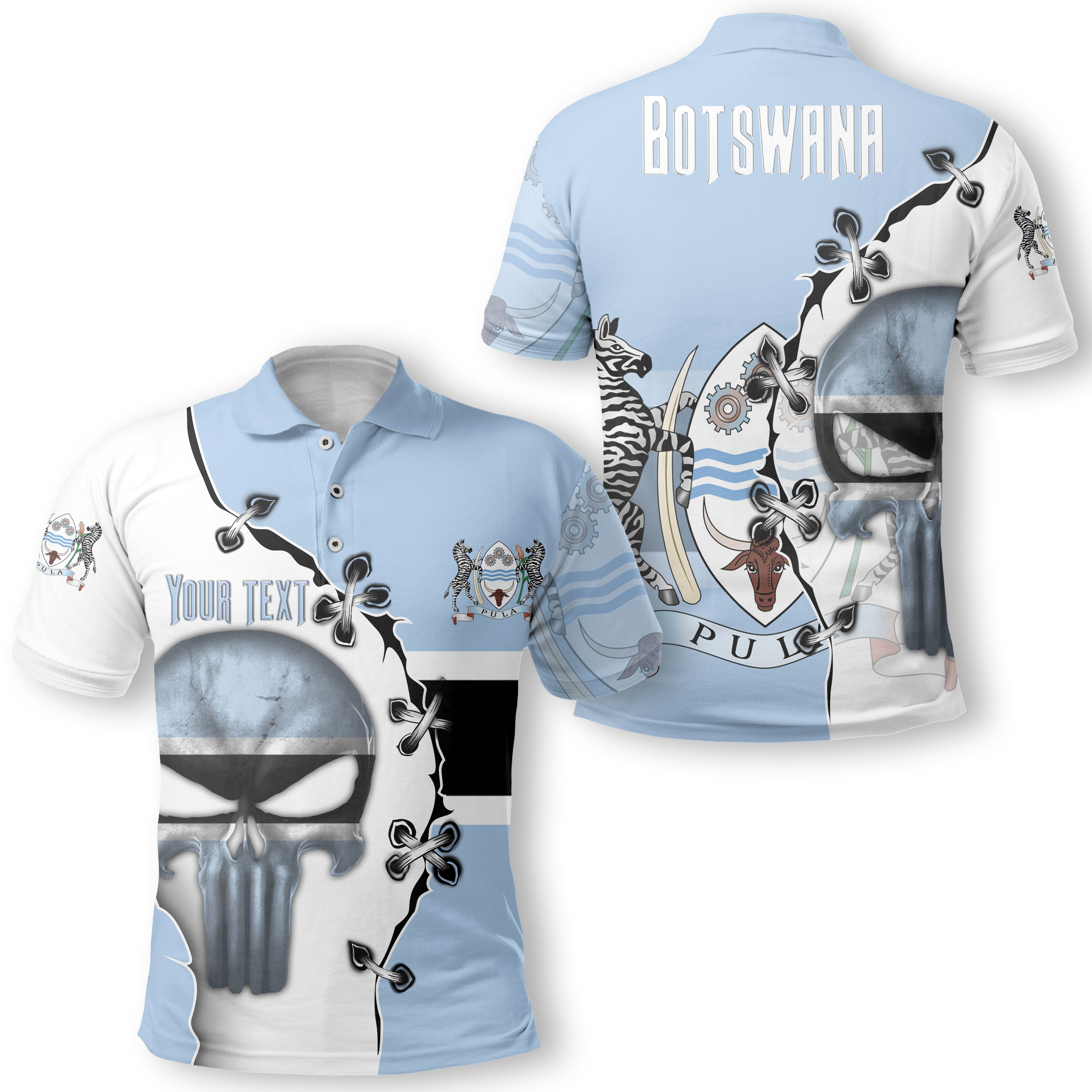 Botswana Polo Shirt Flag & Coat Of Arms Skull Style