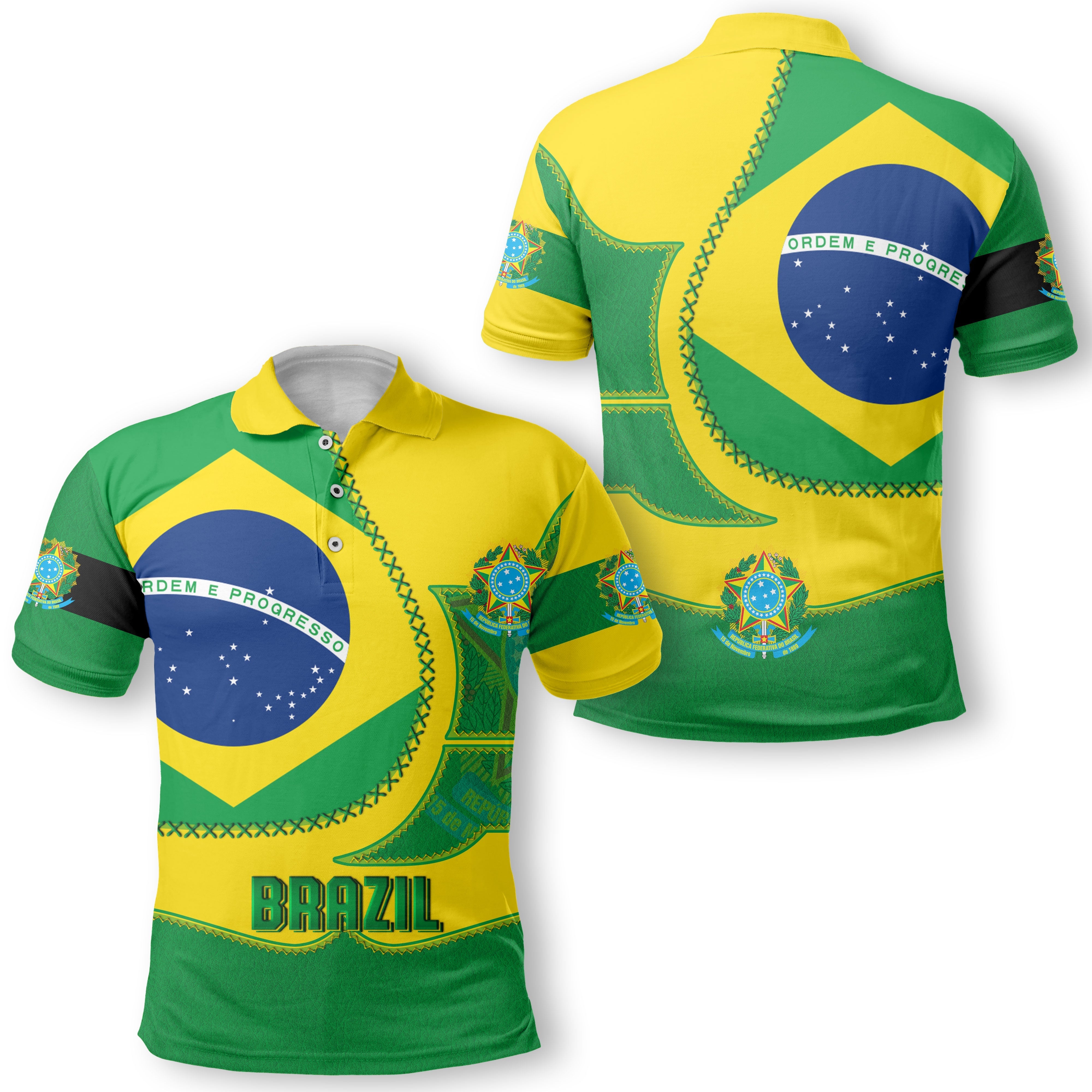 Brazil Polo Shirt Flag & Coat Of Arms Leather Style