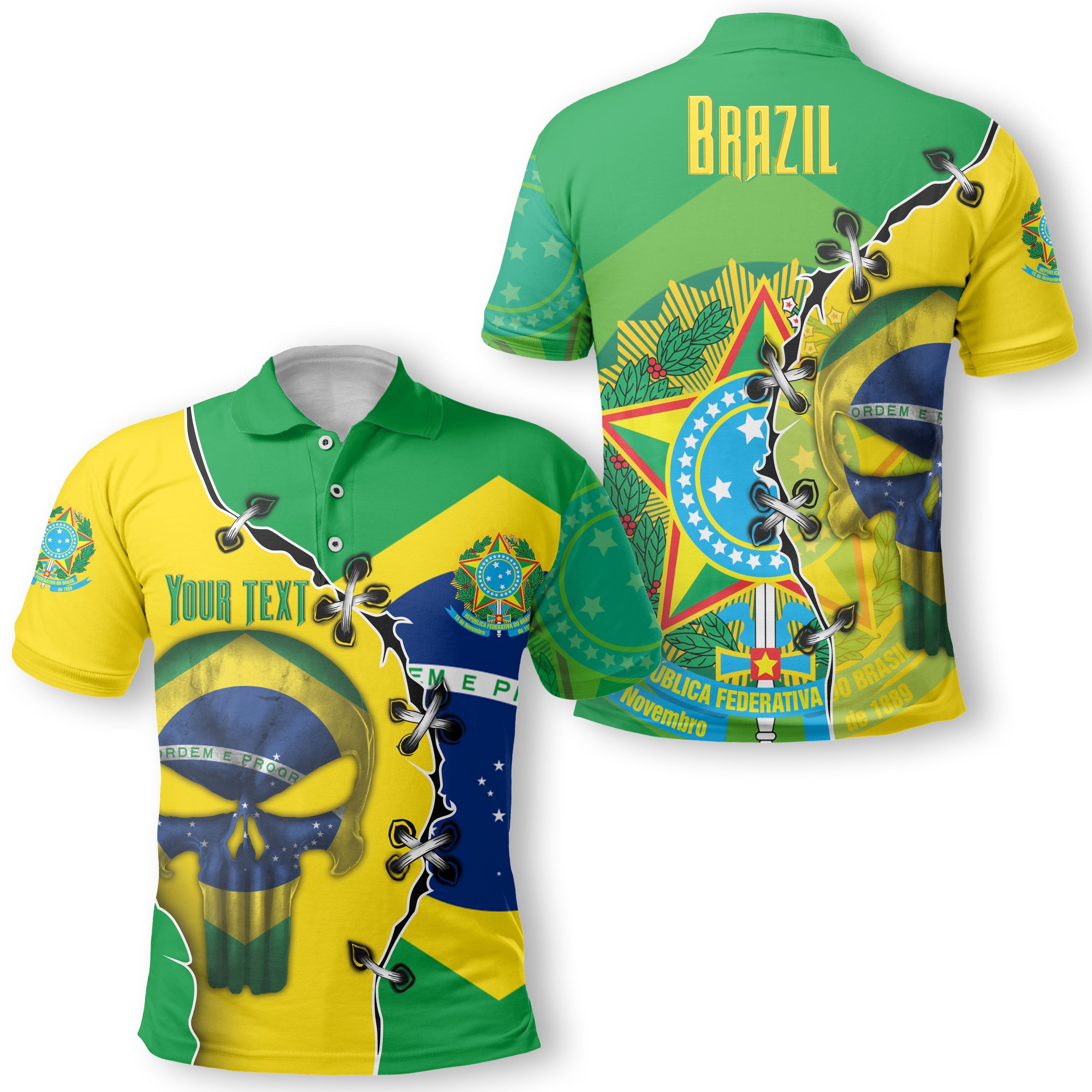 Brazil Polo Shirt Flag & Coat Of Arms Skull Style