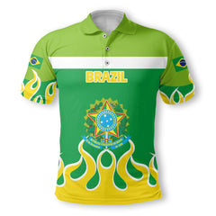 Brazil Polo Shirt Flag & Coat Of Arms Fire Hockey Style