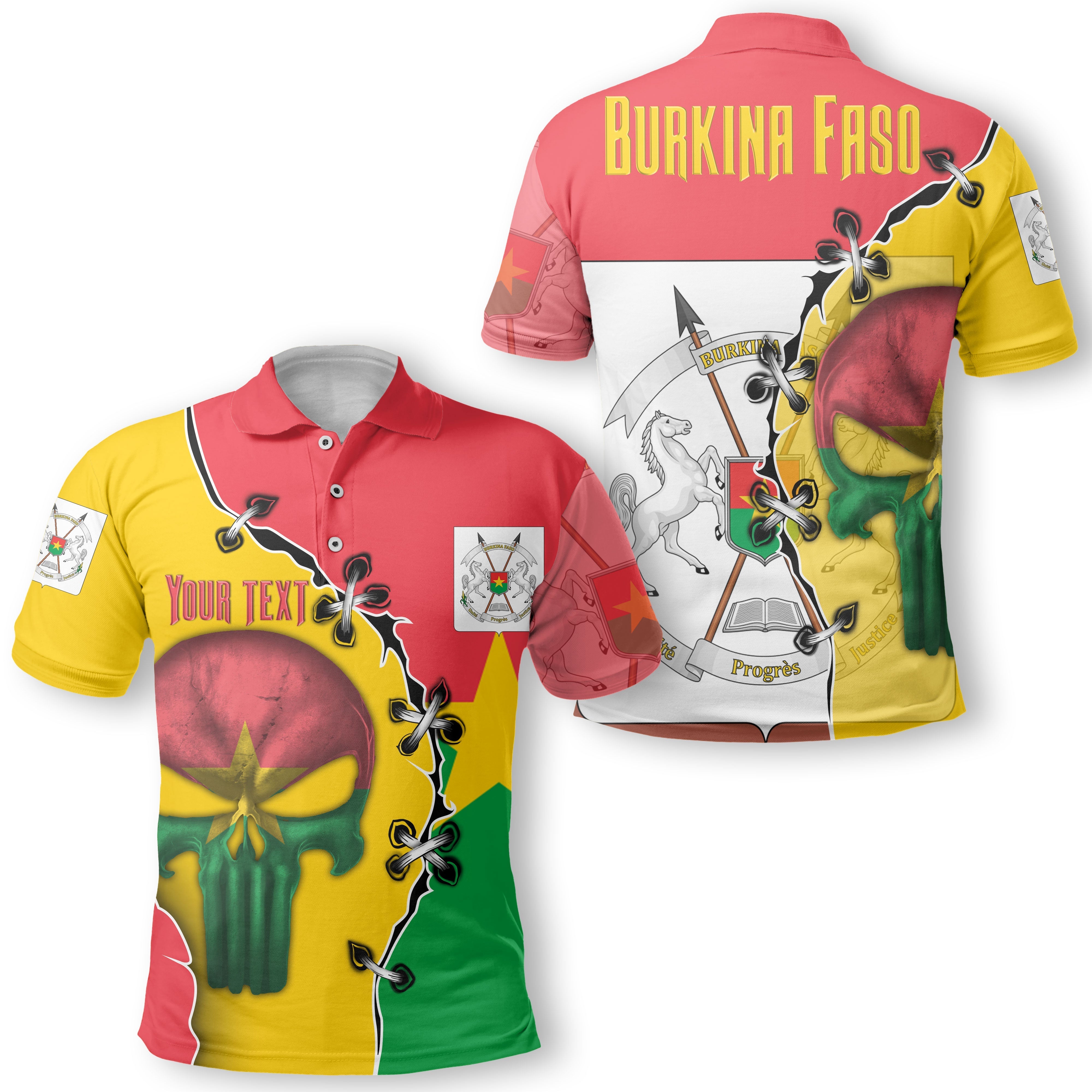 Burkina Faso Polo Shirt Flag & Coat Of Arms Skull Style