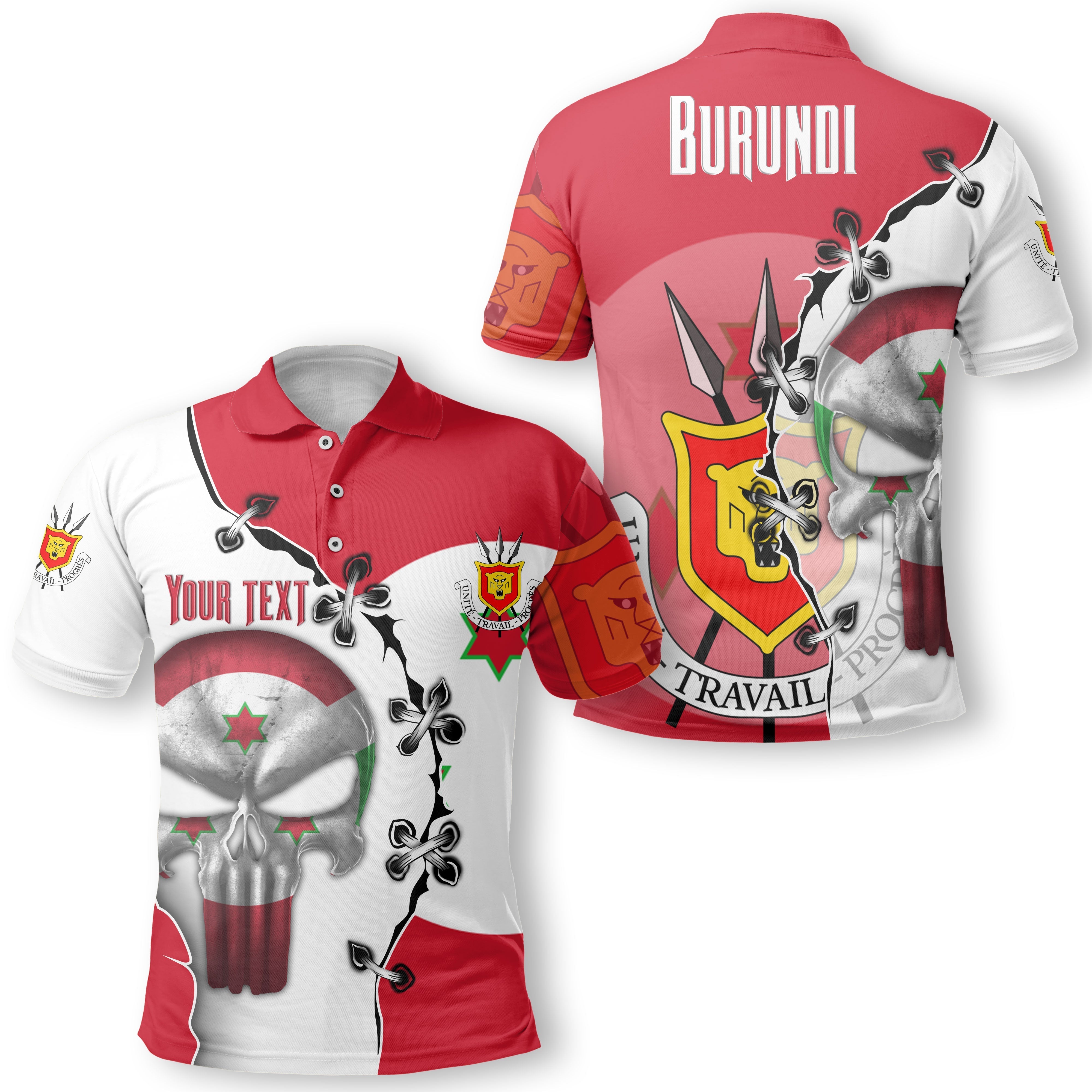 Burundi Polo Shirt Flag & Coat Of Arms Skull Style