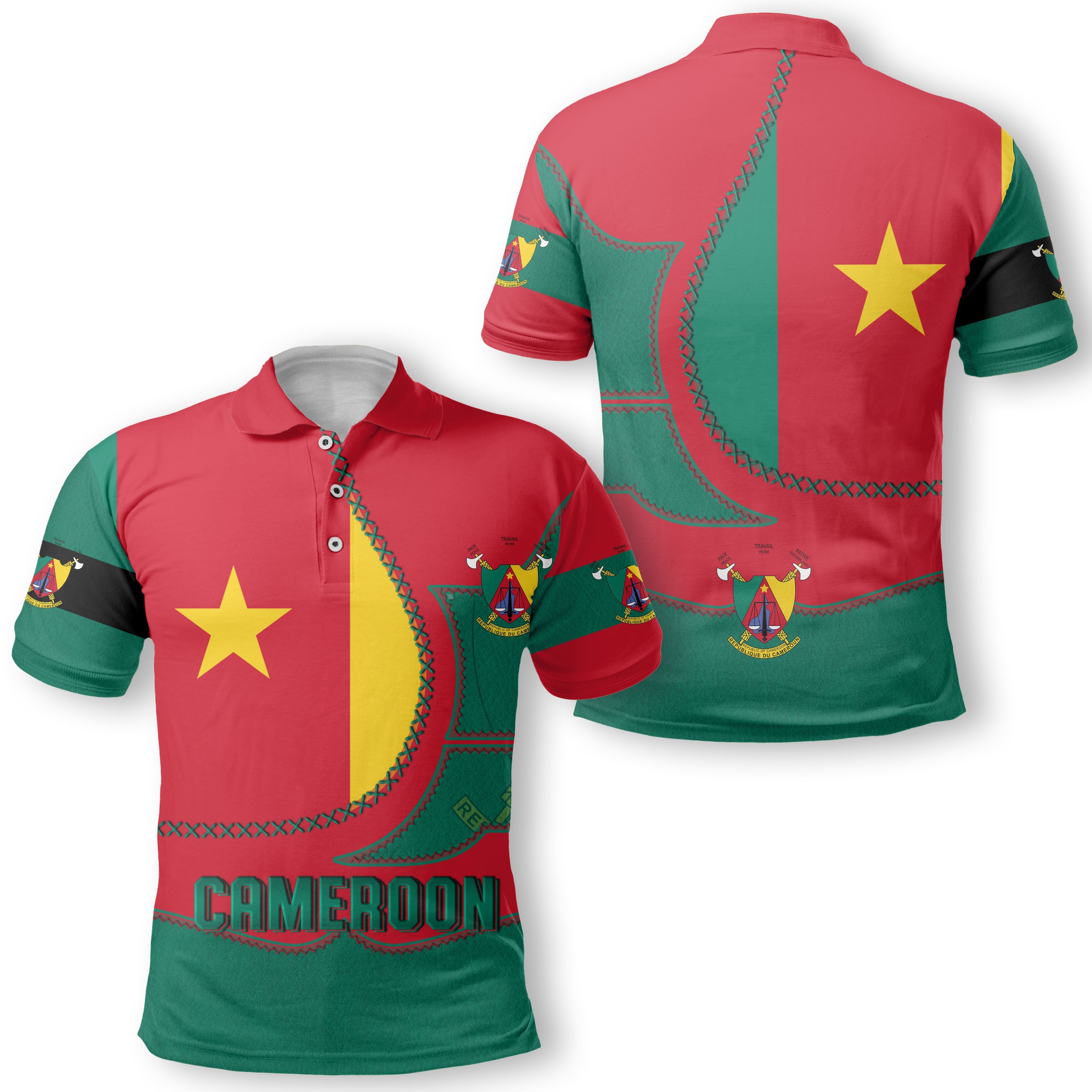 Cameroon Polo Shirt Flag & Coat Of Arms Leather Style