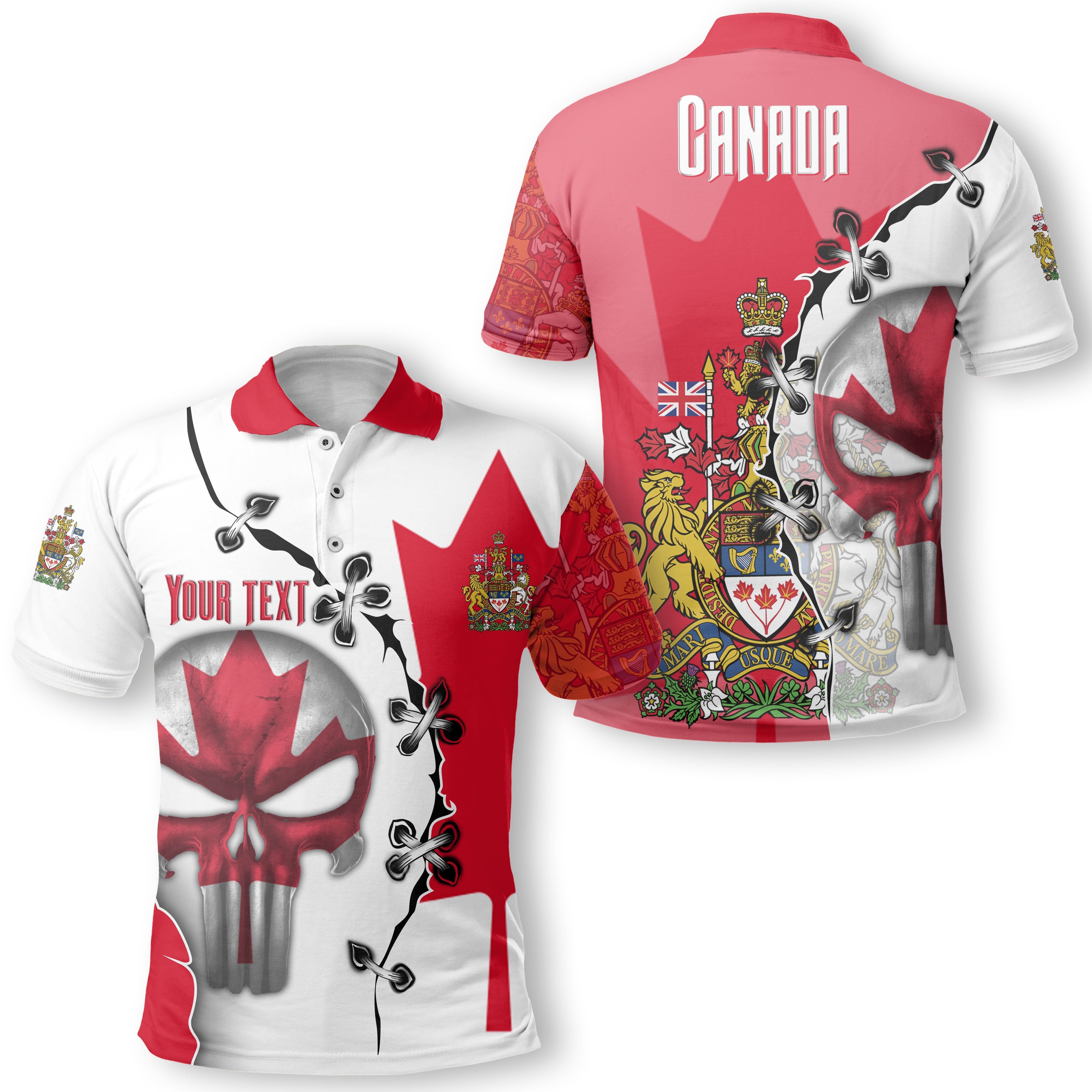 Canada Polo Shirt Flag & Coat Of Arms Skull Style