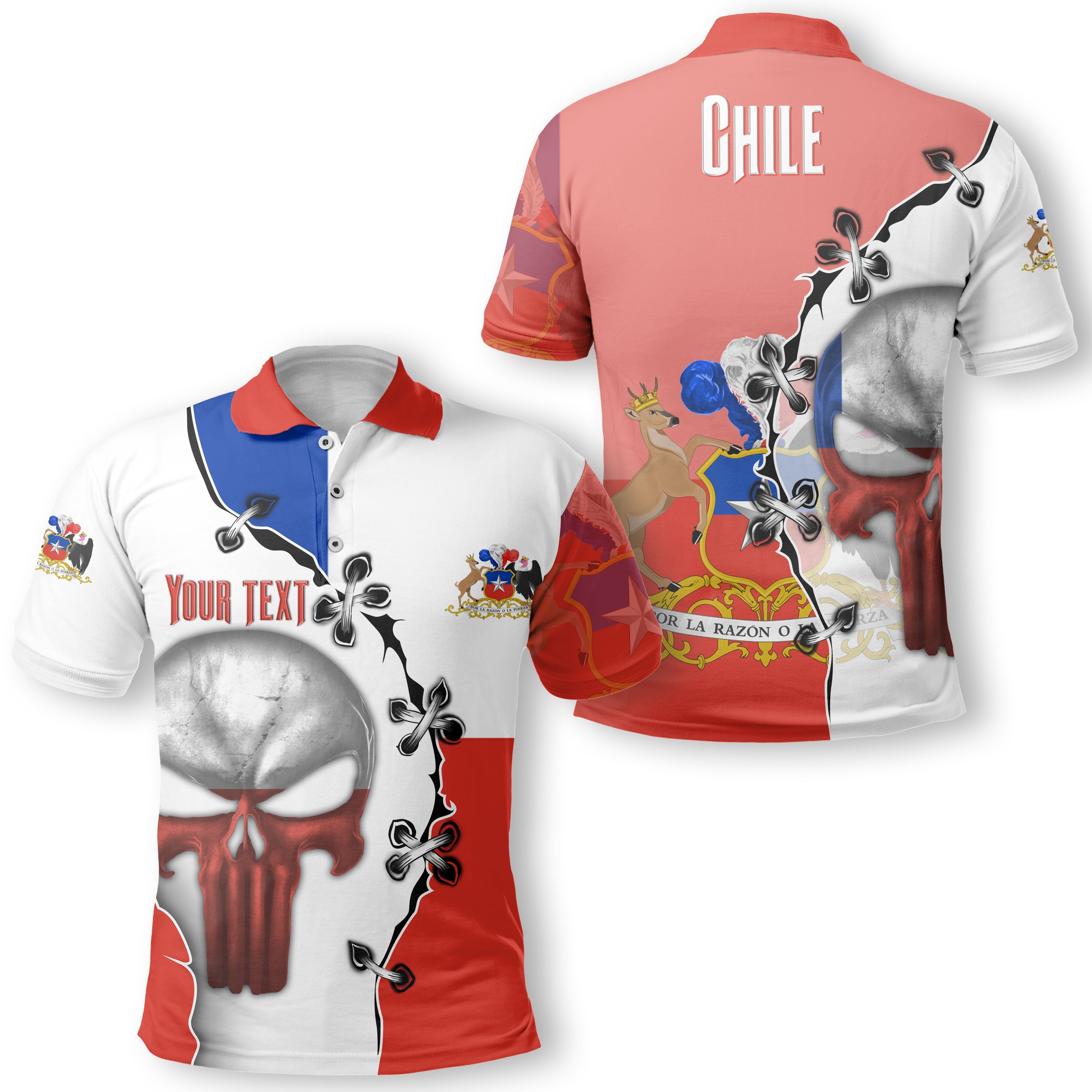 Chile Polo Shirt Flag & Coat Of Arms Skull Style