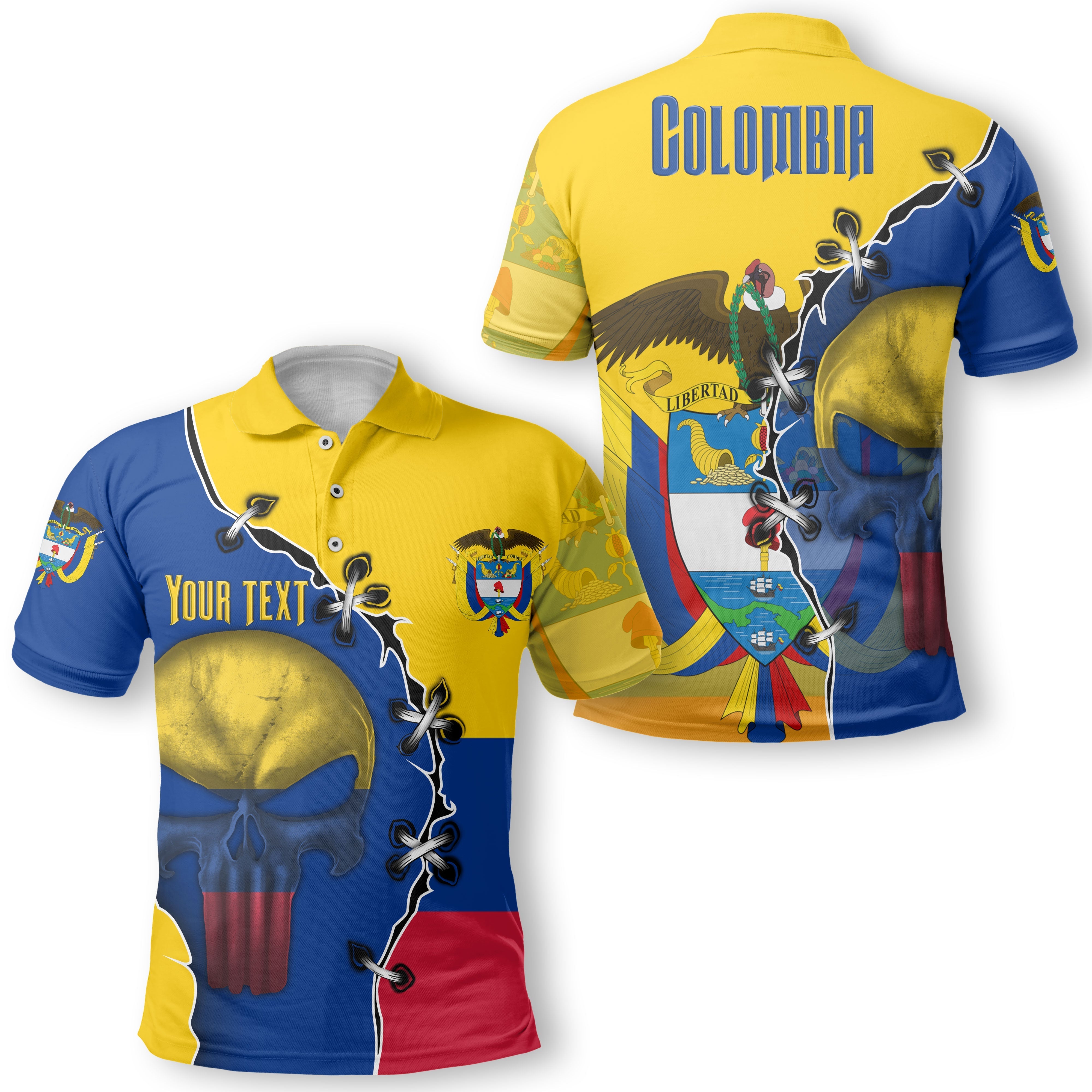 Colombia Polo Shirt Flag & Coat Of Arms Skull Style