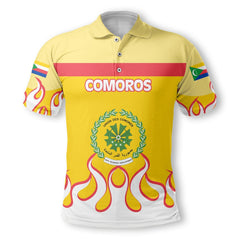 Comoros Polo Shirt Flag & Coat Of Arms Fire Hockey Style