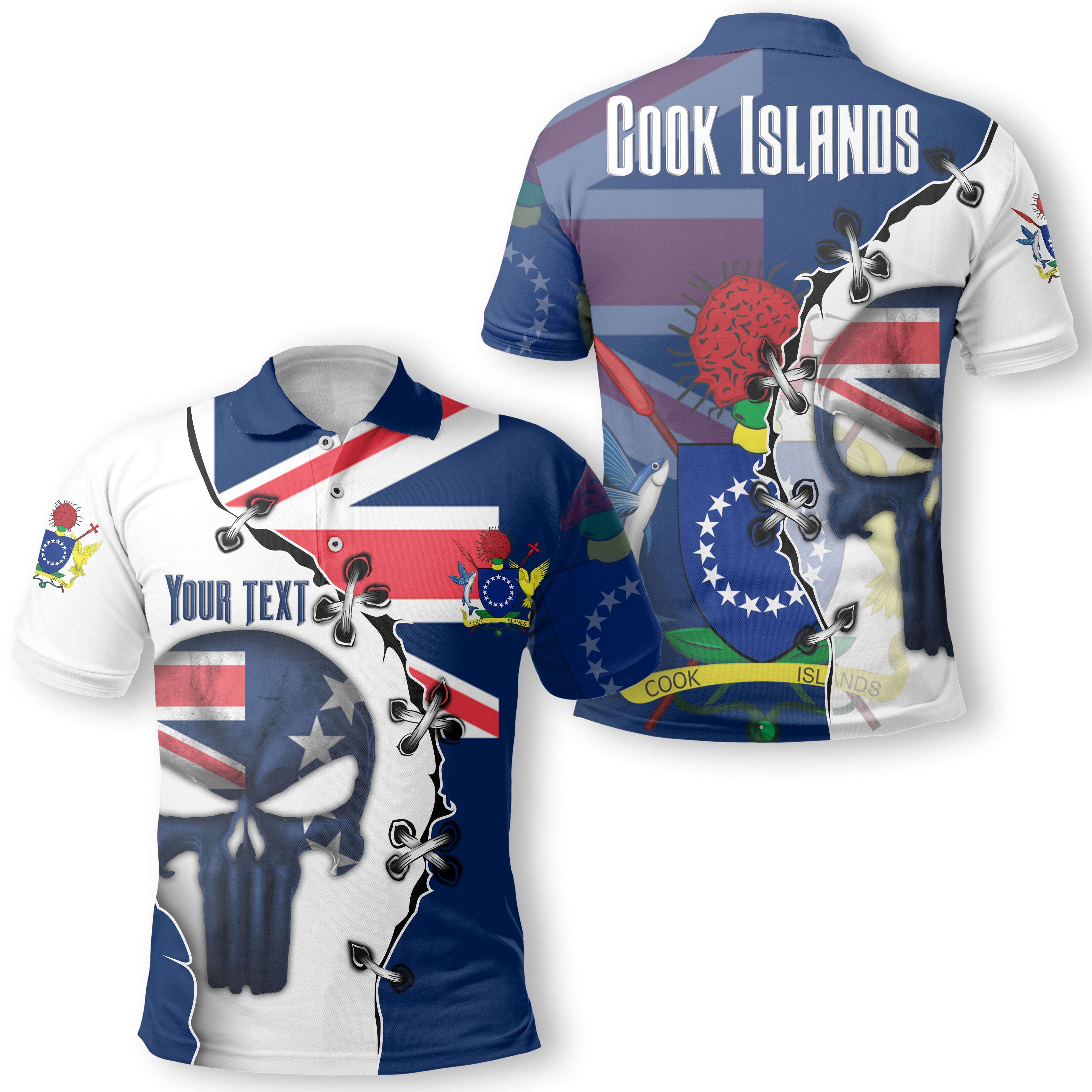 Cook Islands Polo Shirt Flag & Coat Of Arms Skull Style