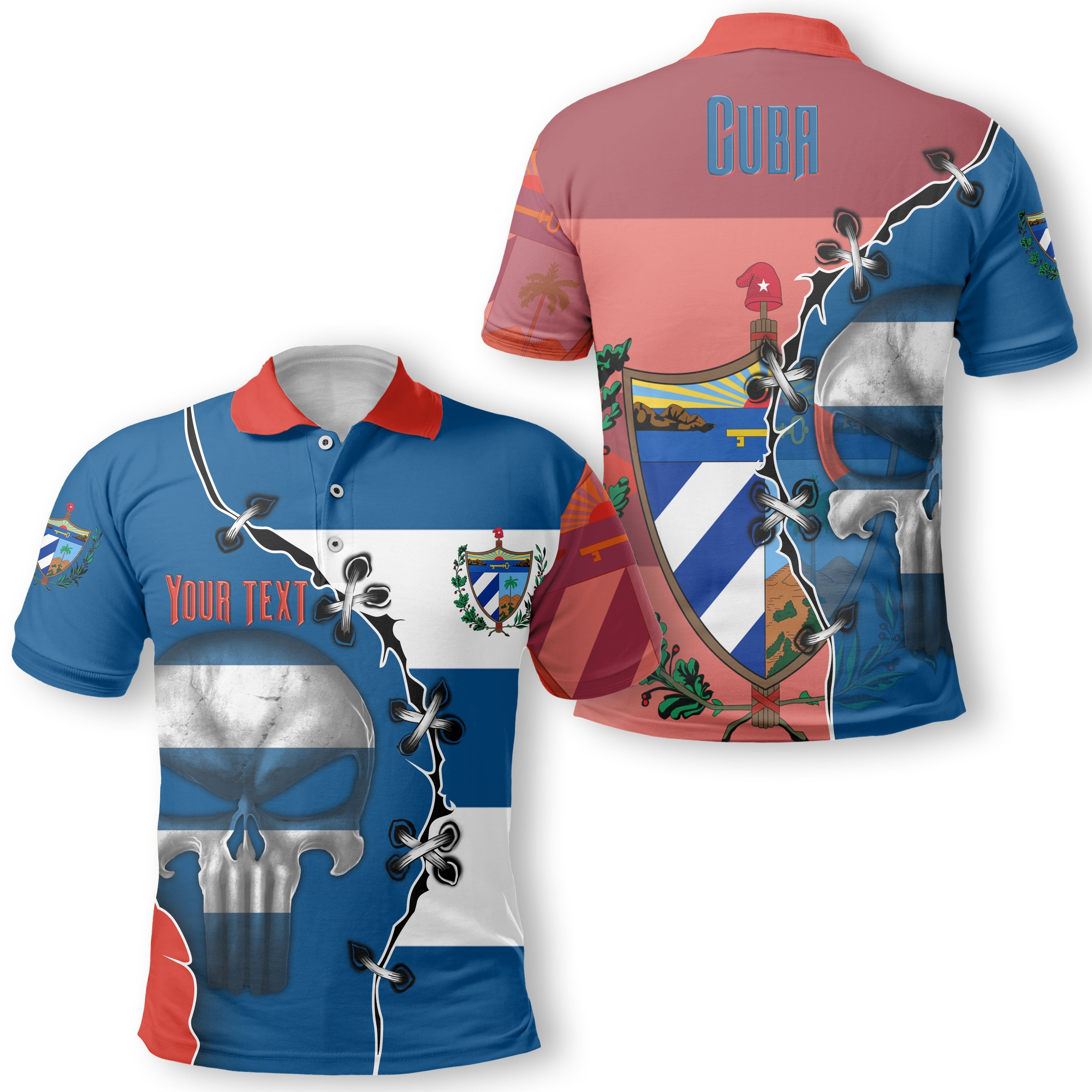 Cuba Polo Shirt Flag & Coat Of Arms Skull Style