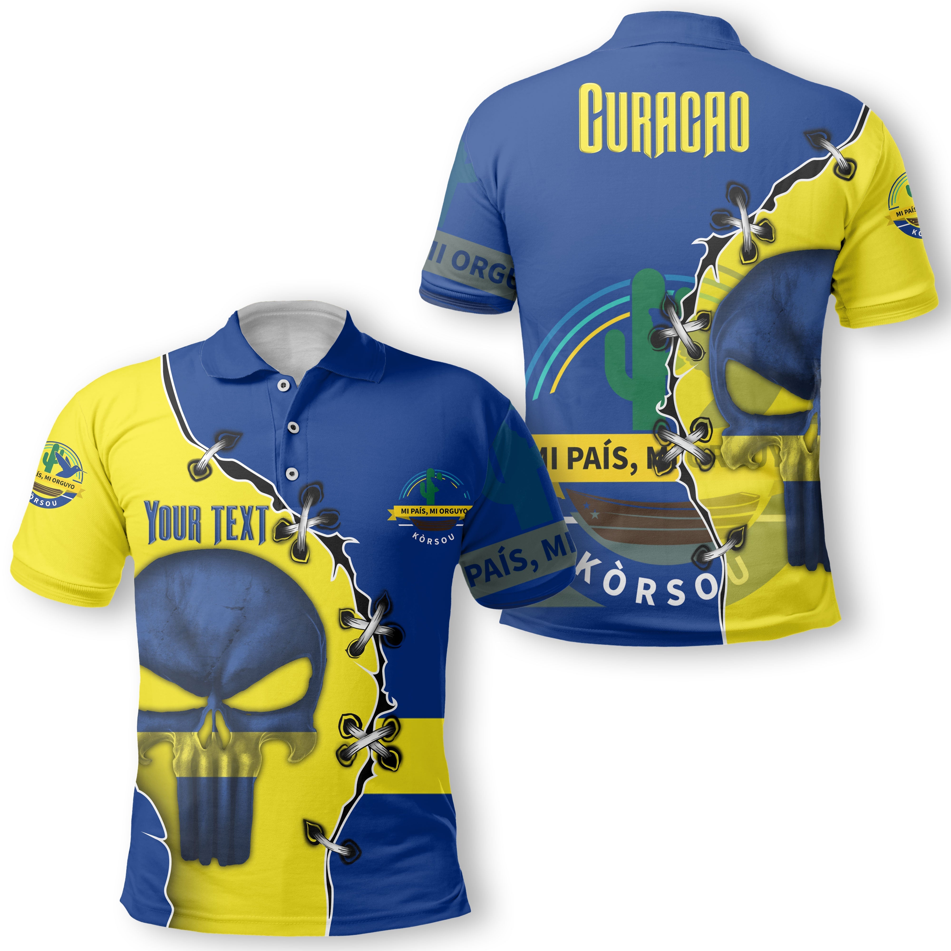 Curacao Polo Shirt Flag & Coat Of Arms Skull Style