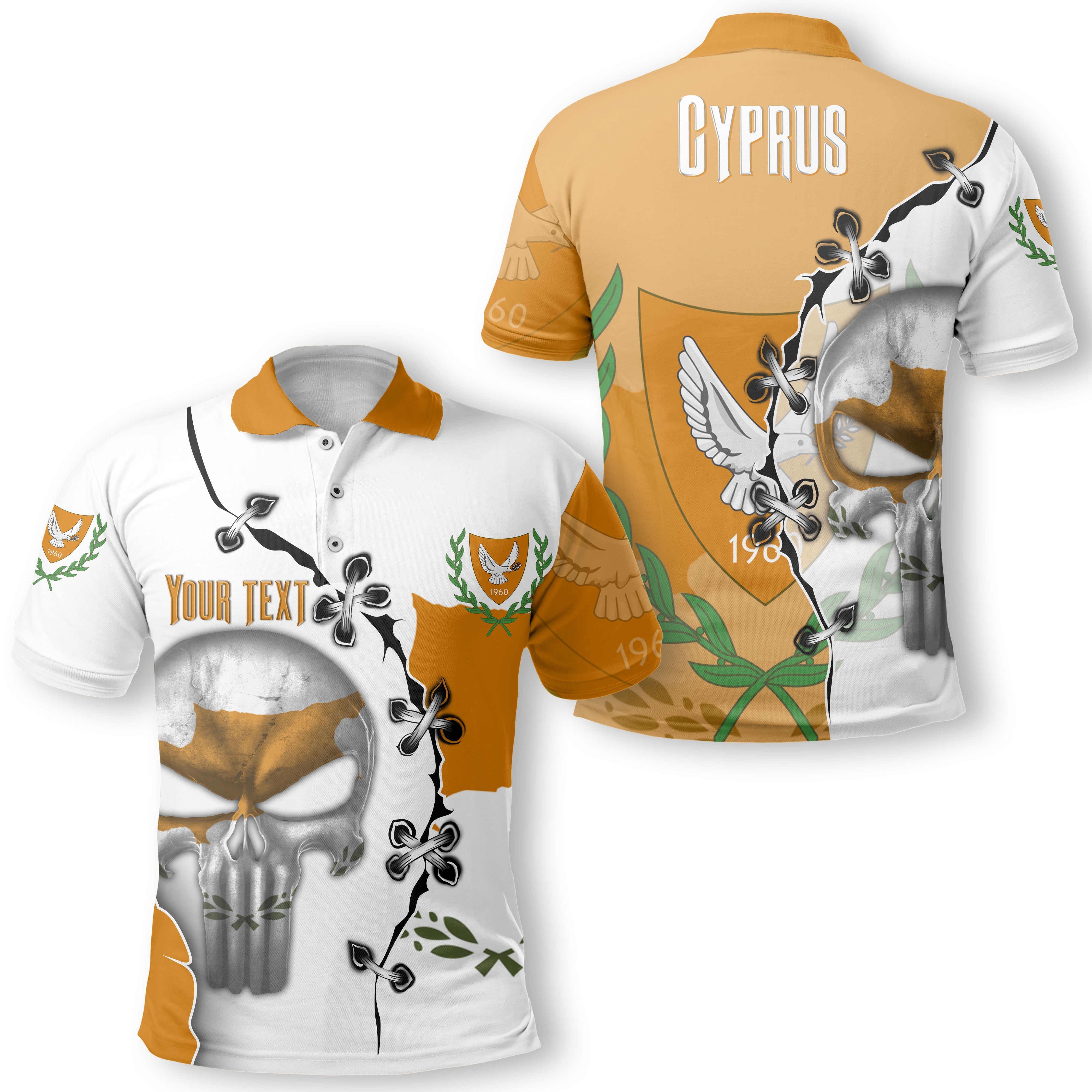 Cyprus Polo Shirt Flag & Coat Of Arms Skull Style