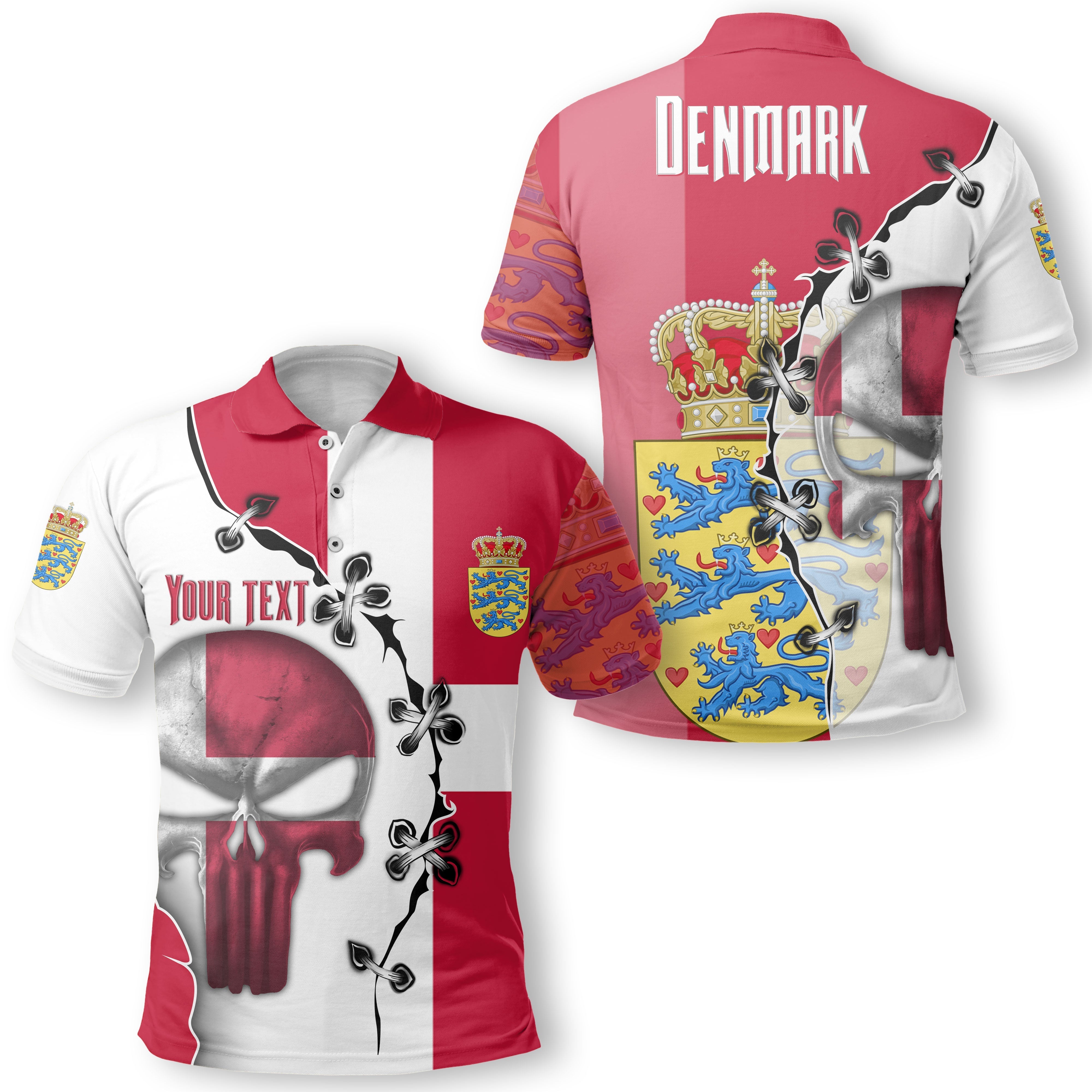 Denmark Polo Shirt Flag & Coat Of Arms Lesser Version Skull Style