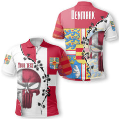 Denmark Polo Shirt Flag & Coat Of Arms Middle Version Skull Style