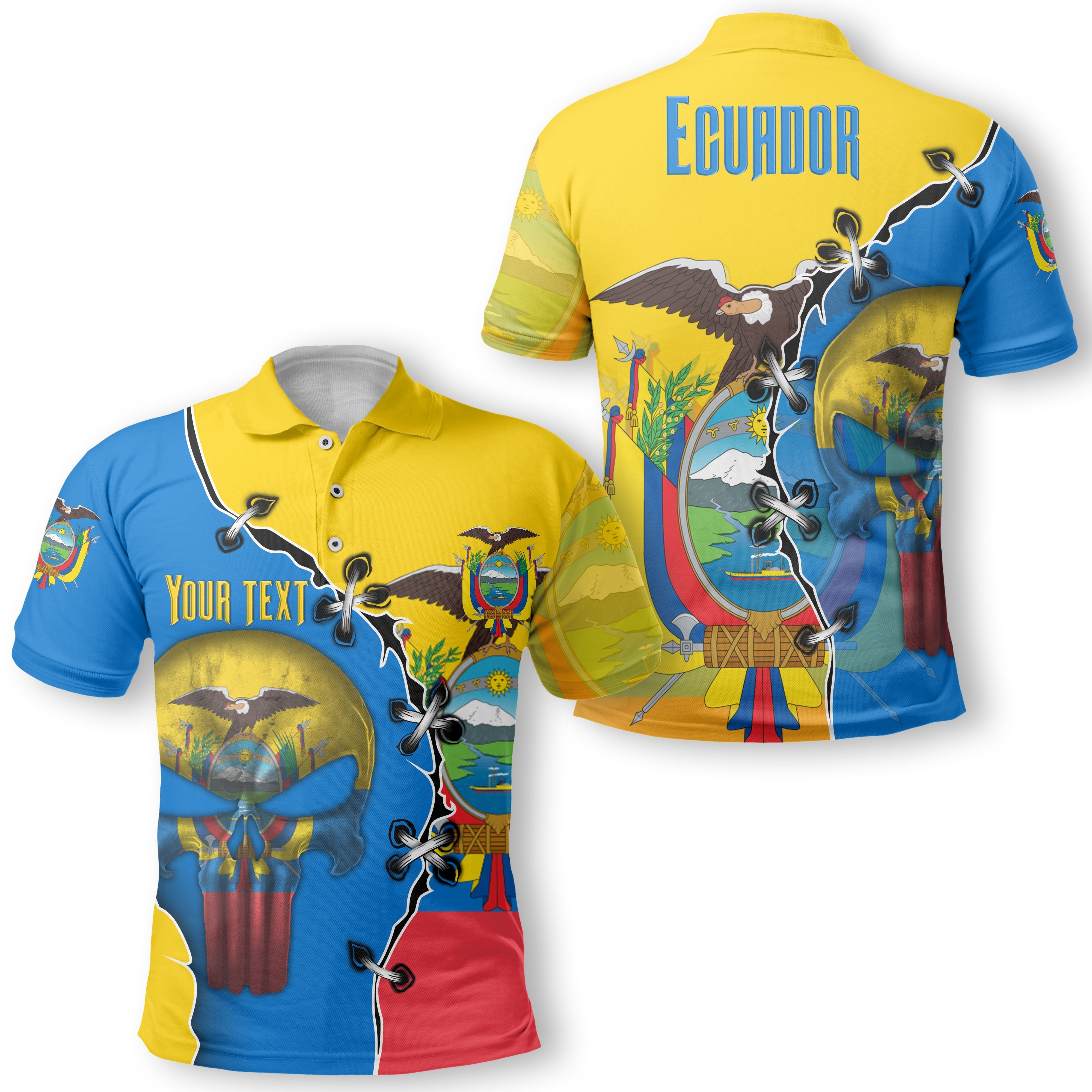 Ecuador Polo Shirt Flag & Coat Of Arms Skull Style