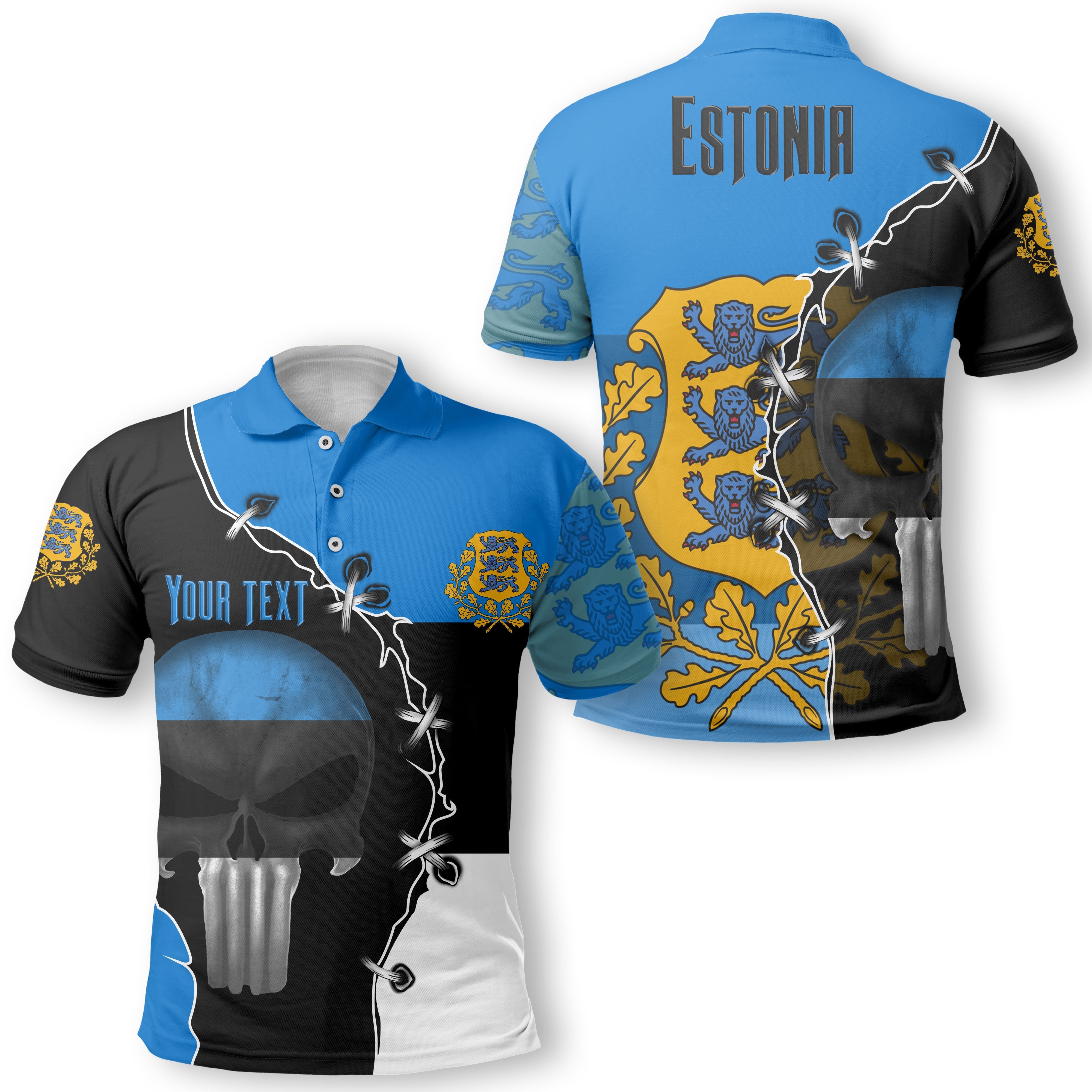 Estonia Polo Shirt Flag & Coat Of Arms Skull Style