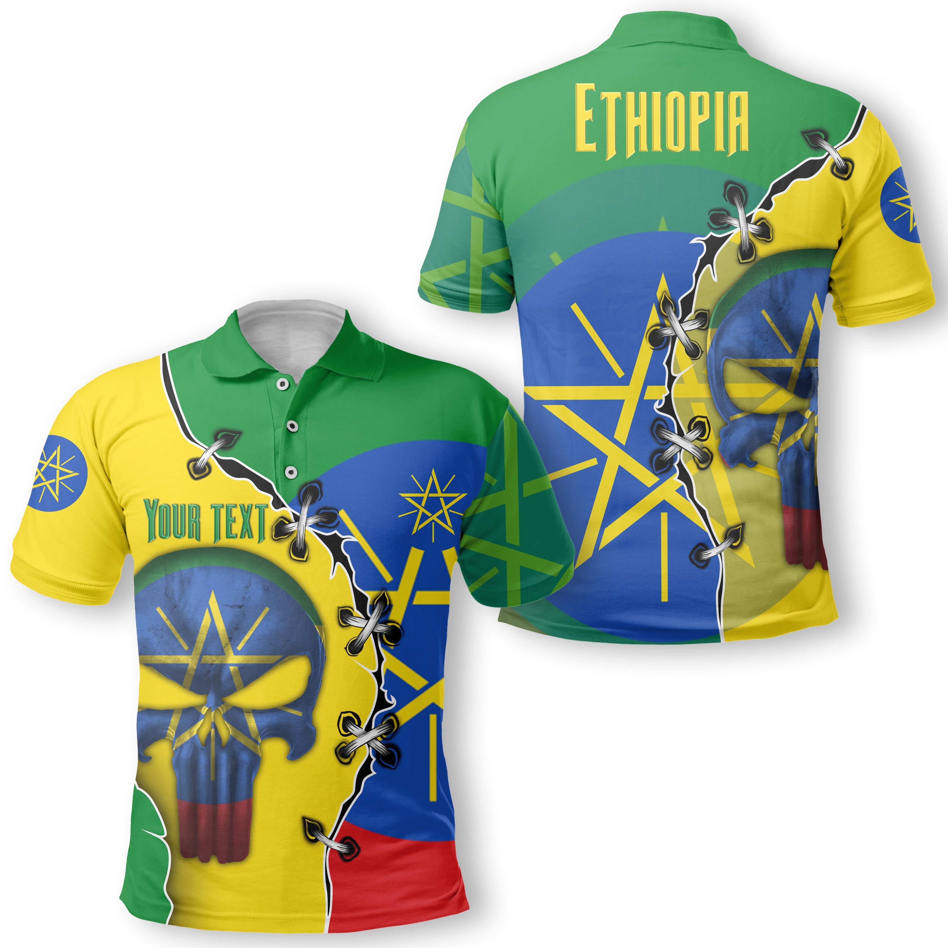 Ethiopia Polo Shirt Flag & Coat Of Arms Skull Style