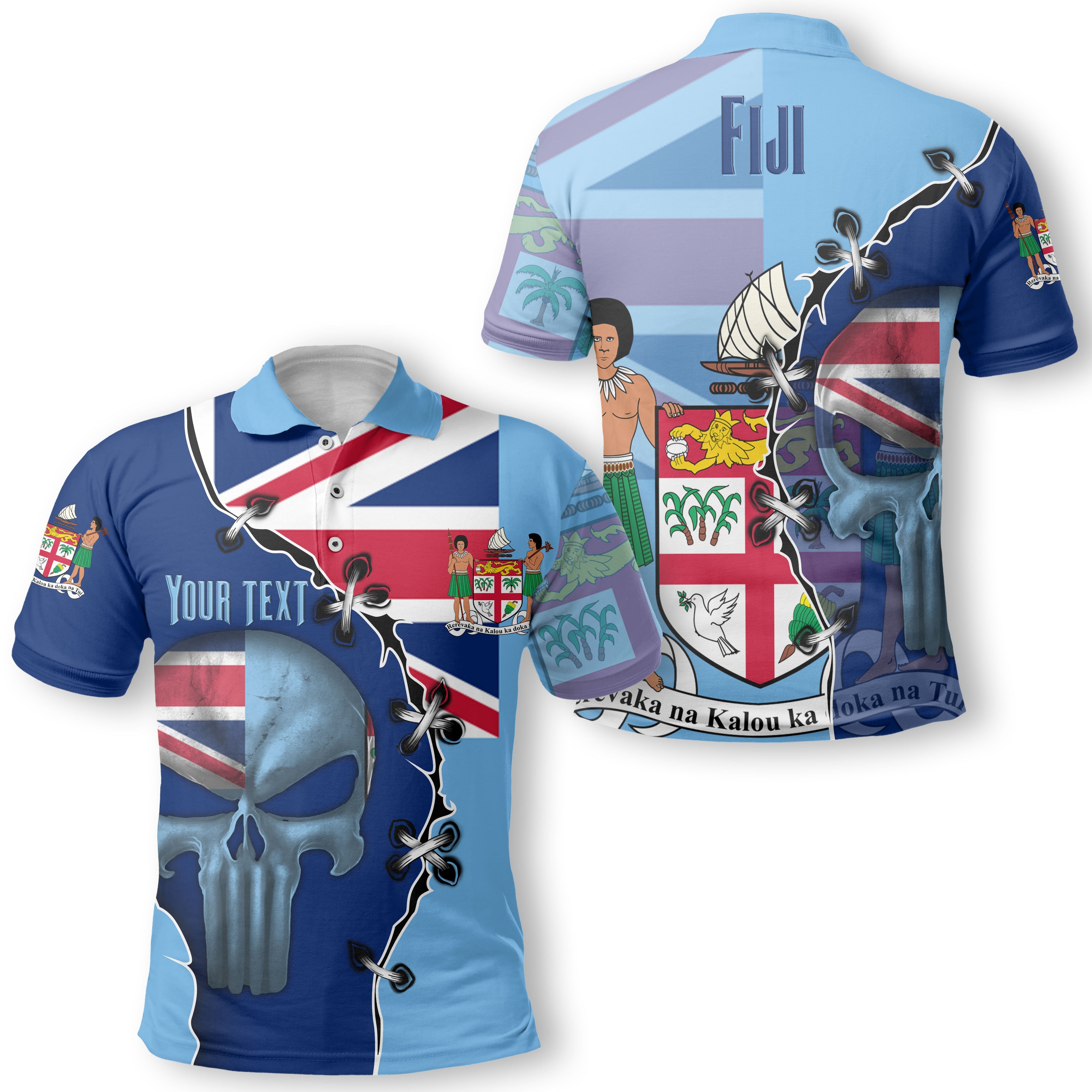 Fiji Polo Shirt Flag & Coat Of Arms Skull Style