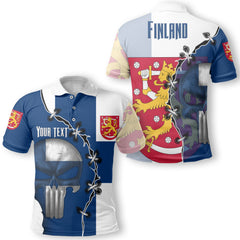 Finland Polo Shirt Flag & Coat Of Arms Skull Style