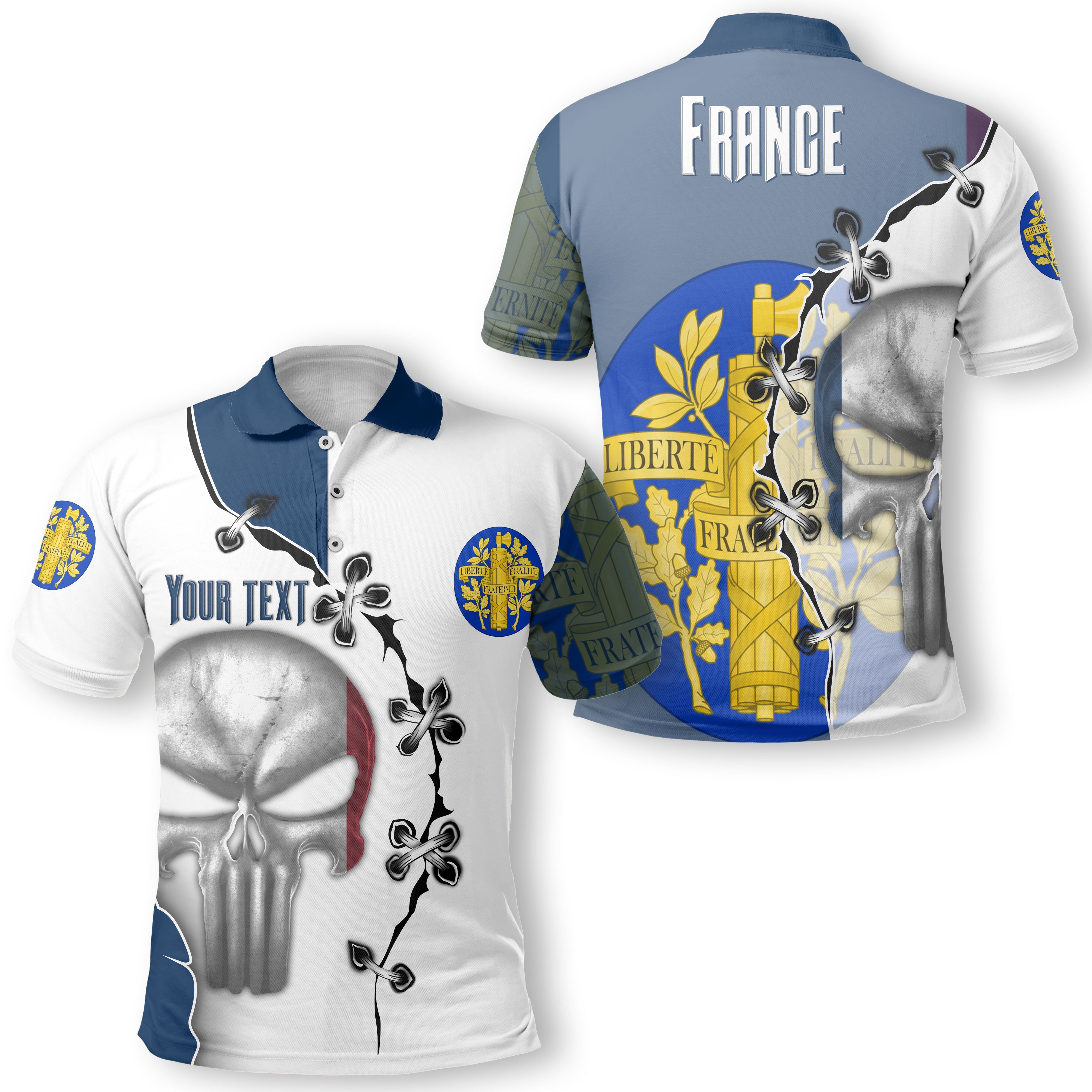 France Polo Shirt Flag & Coat Of Arms Skull Style