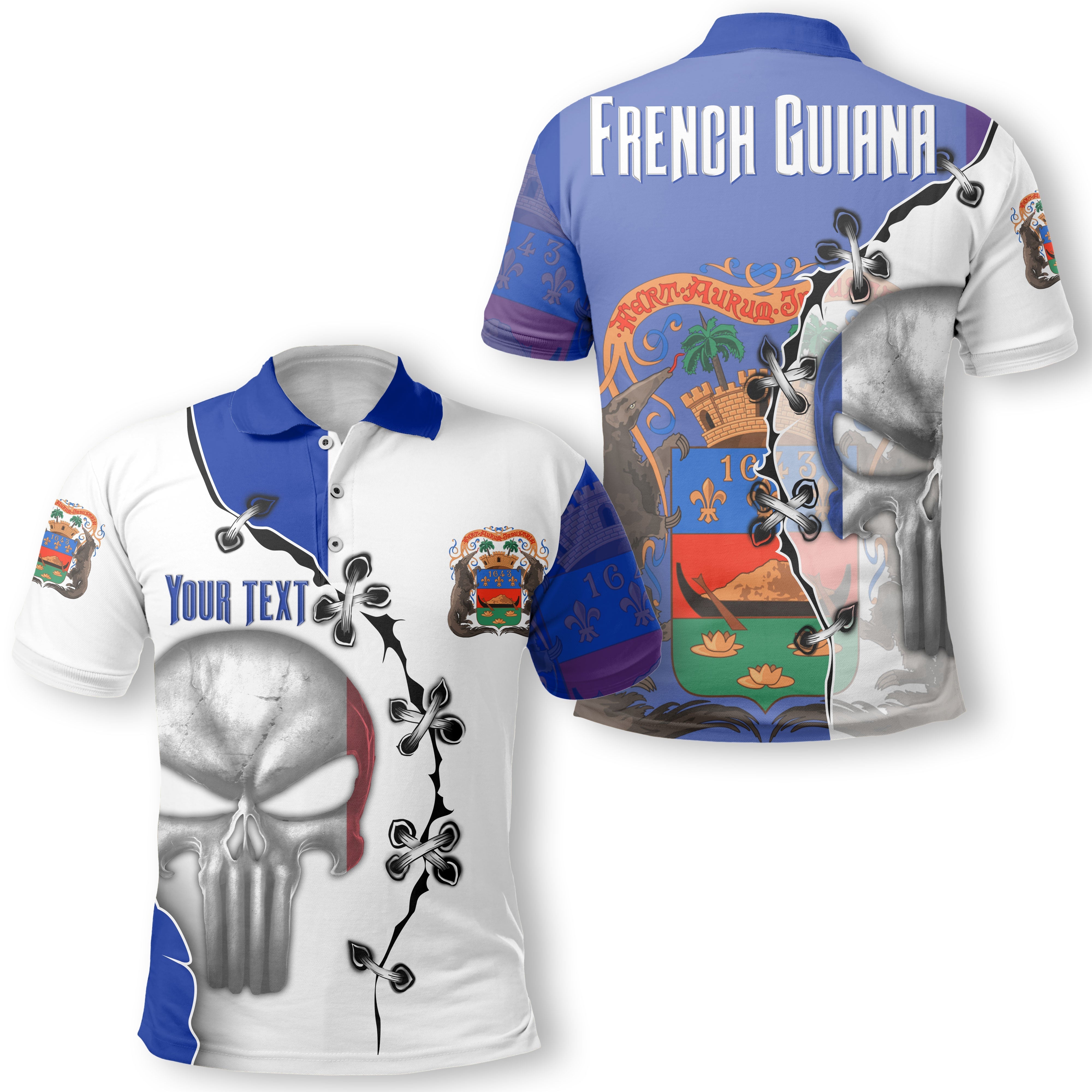 French Guiana Polo Shirt Flag & Coat Of Arms Skull Style