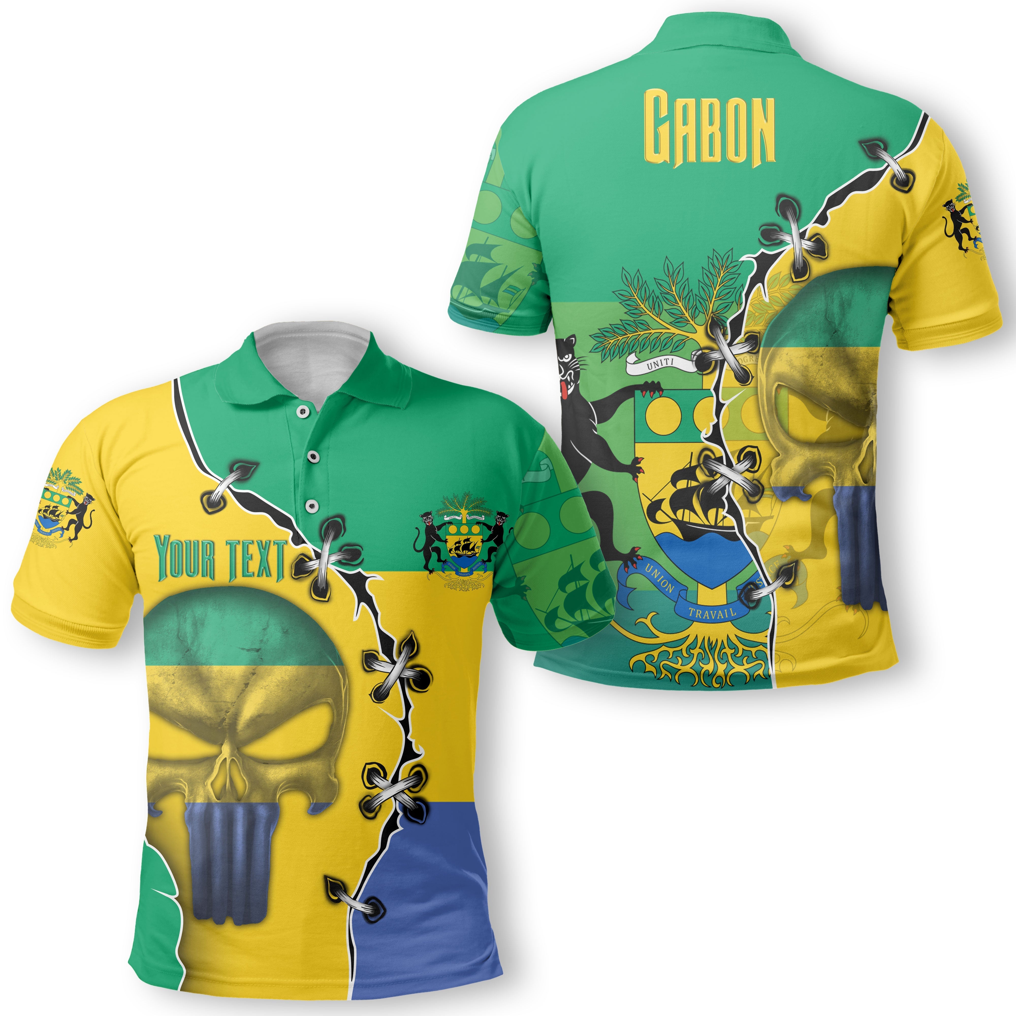 Gabon Polo Shirt Flag & Coat Of Arms Skull Style