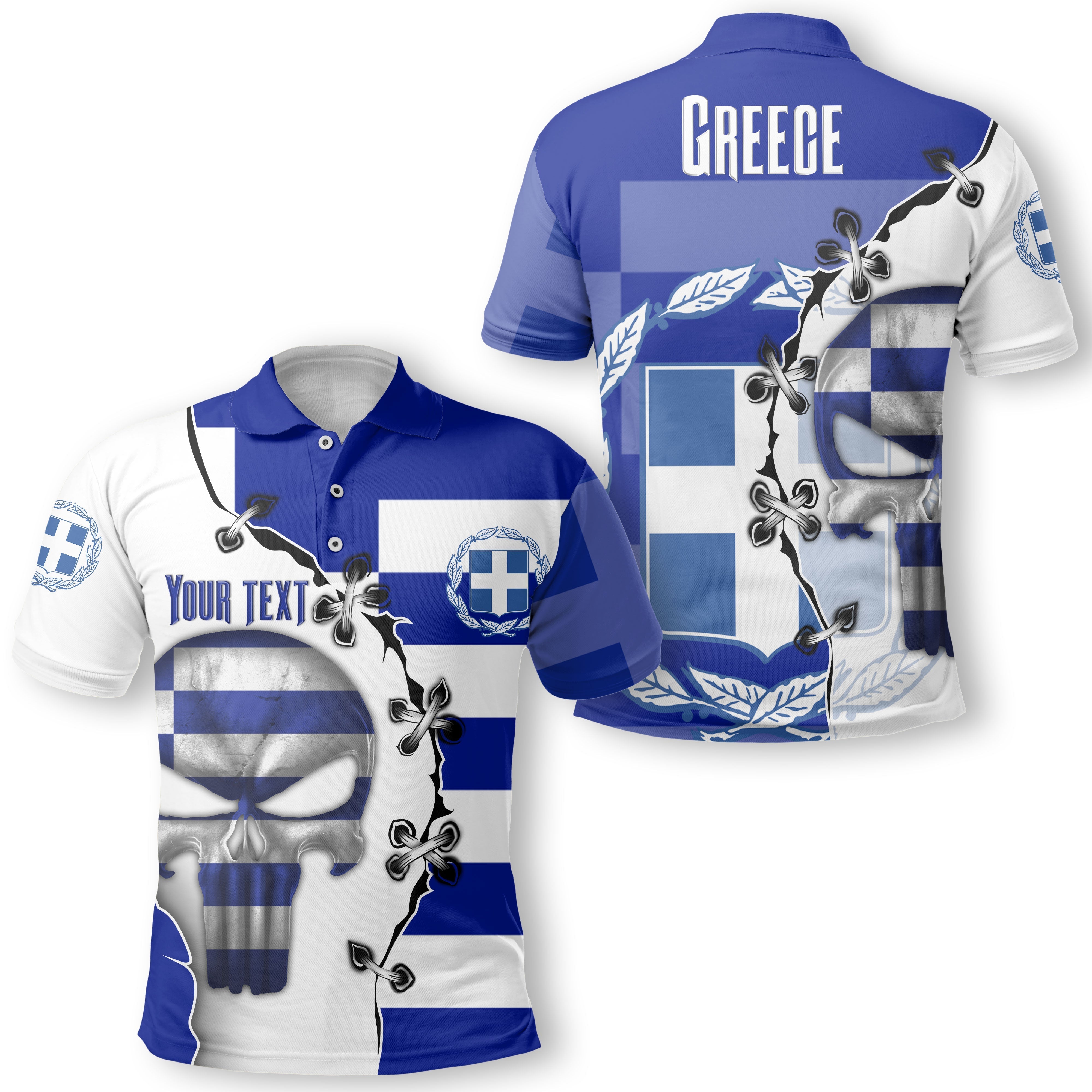 Greece Polo Shirt Flag & Coat Of Arms Skull Style