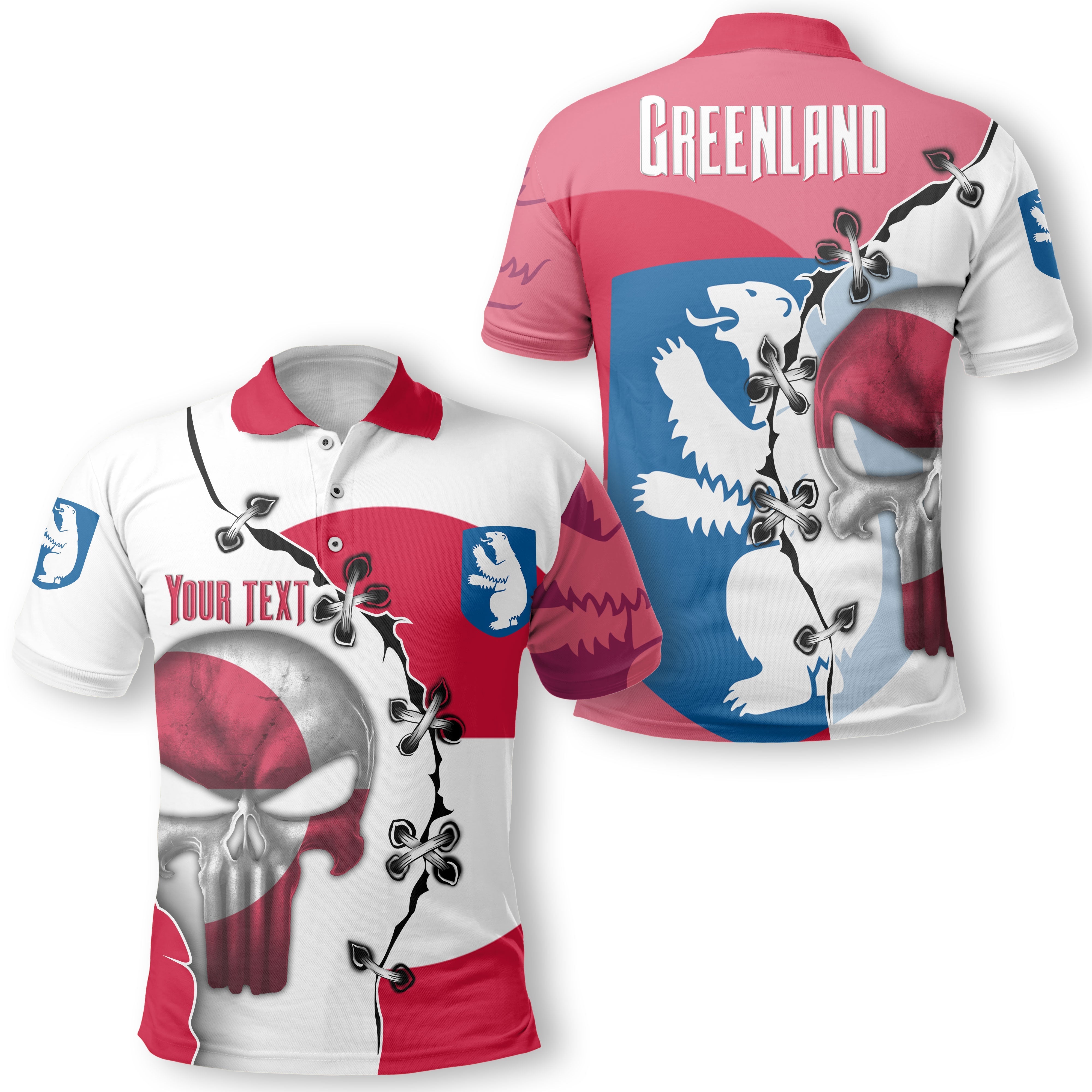 Greenland Polo Shirt Flag & Coat Of Arms Skull Style