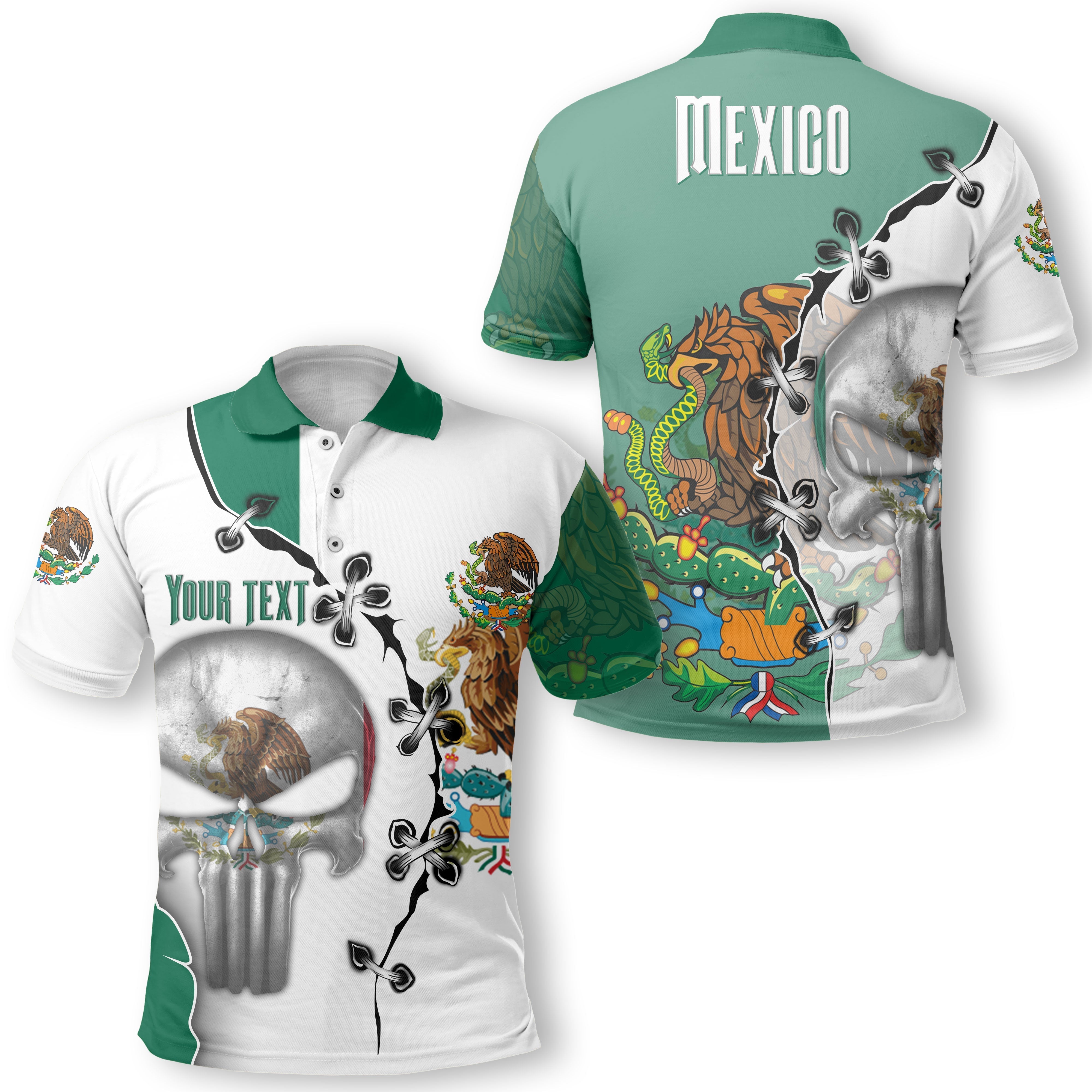 Mexico Polo Shirt Flag & Coat Of Arms Skull Style