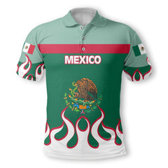 Mexico Polo Shirt Flag & Coat Of Arms Fire Hockey Style